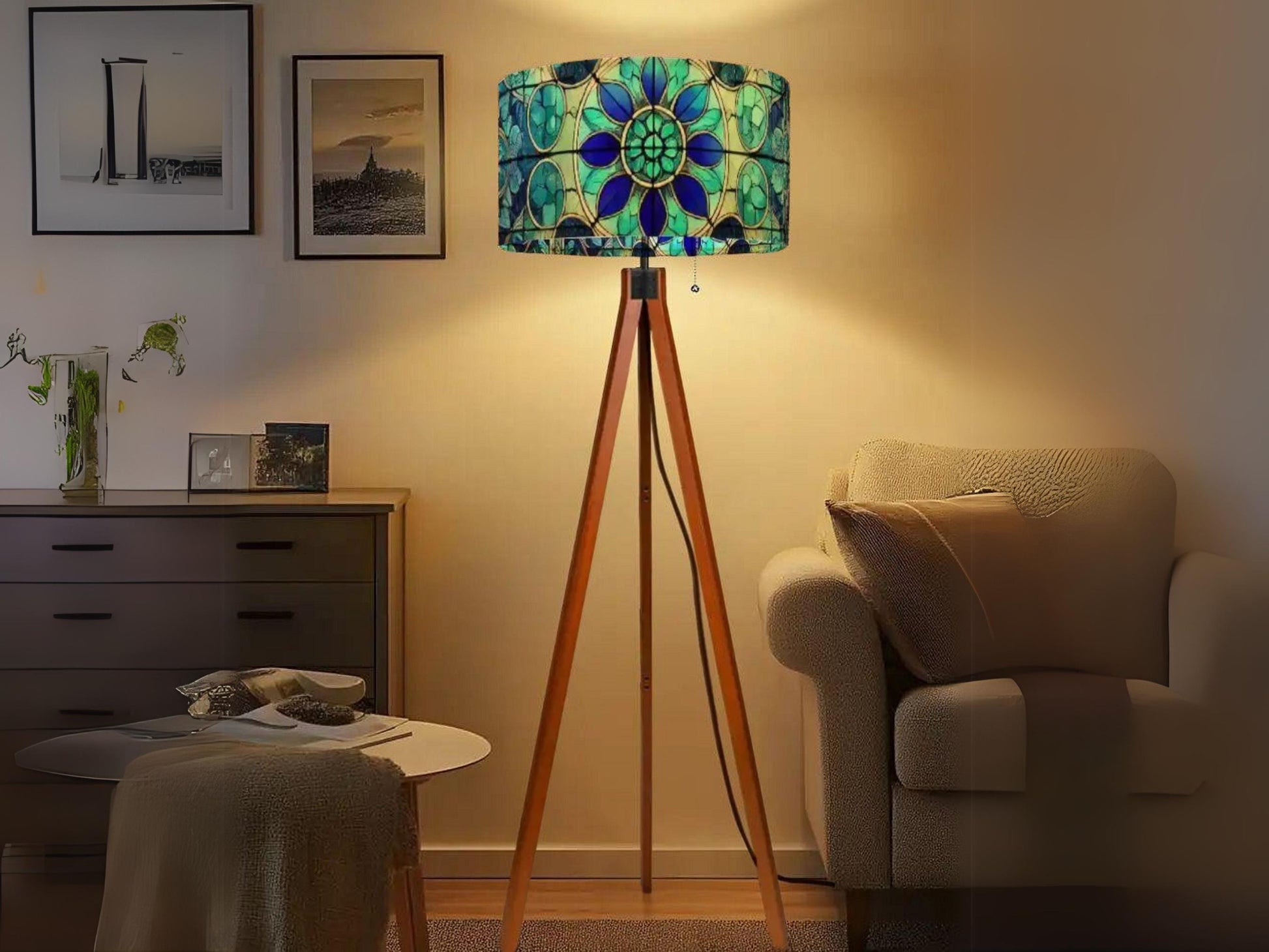 Floor Lamp Tripod Mid Century Wood Tall Lamp Linen Shade Stained Glass Effect Solid Wood Tall Lamp Housewarming Gift Living Room Decor Lamp