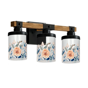 Peach Rose and Blue Leaves Three-Light Vanity Fixture
