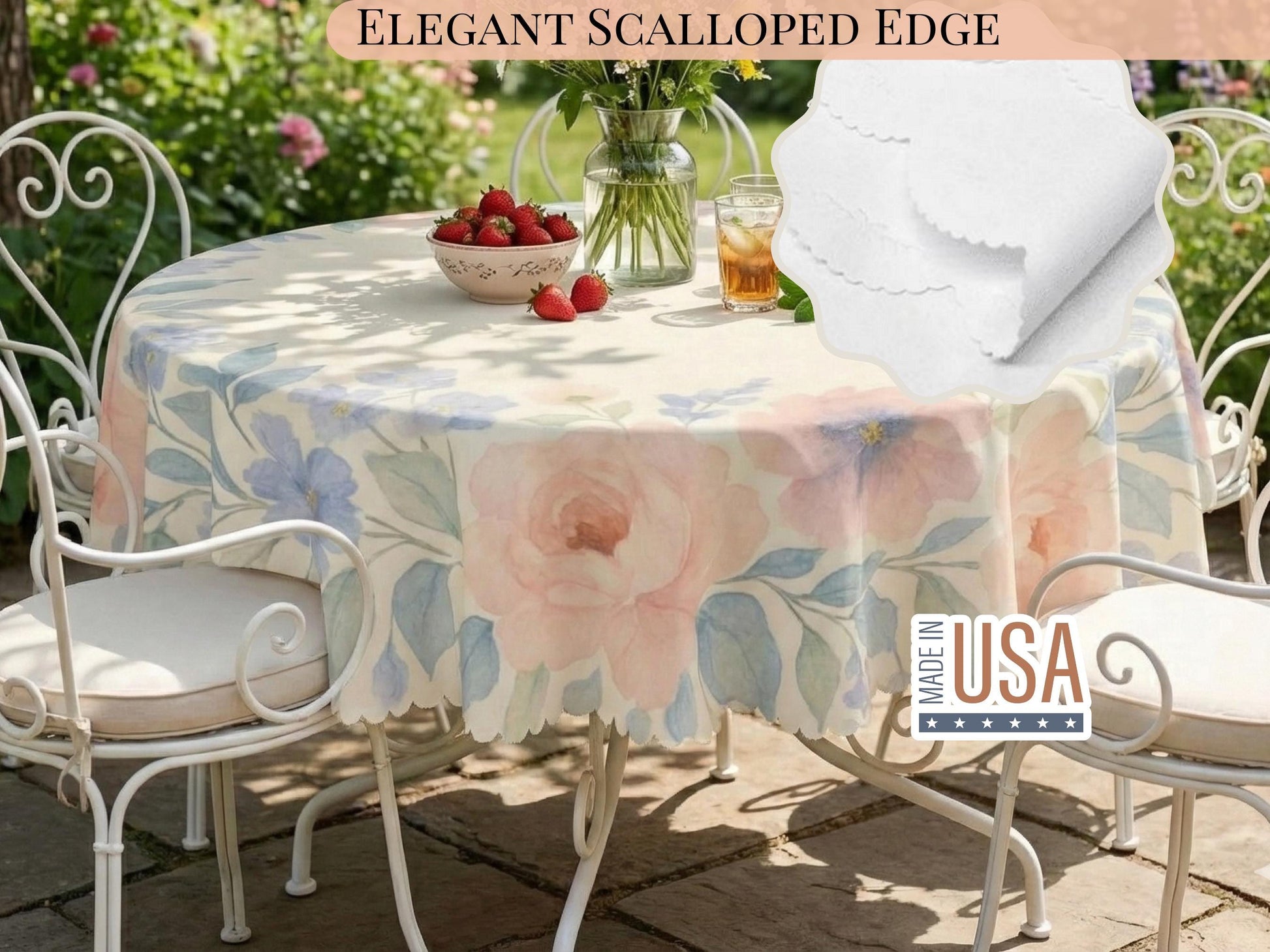 Tablecloth 60inch Spring Flowers Scalloped Edge Detail For Spring Spill-Proof Floral Washable Fabric Table Cloth For Family Dining Occasions