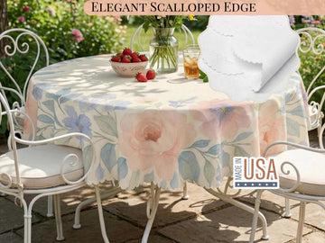Tablecloth 60inch Spring Flowers Scalloped Edge Detail For Spring Spill-Proof Floral Washable Fabric Table Cloth For Family Dining Occasions