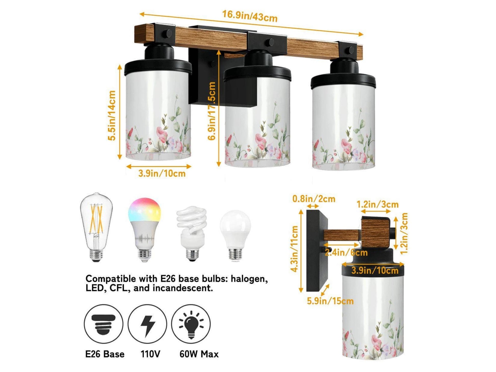 Bathroom Lighting Vanity Light Fixture Soft Pink Floral 3-Light Farmhouse Luxury Bathroom  Metal and Glass Restroom Light Over Sink Decor
