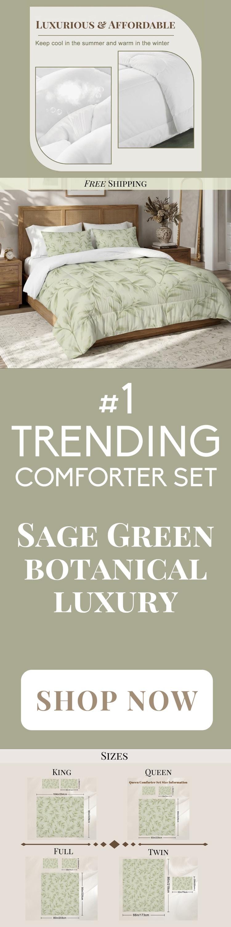 Comforter Set Pistachio Botanical Sage Green Floral Bedding Modern Organic Bed Set with Pillowcase Minimal Neutral Bedroom Decor Soft Green