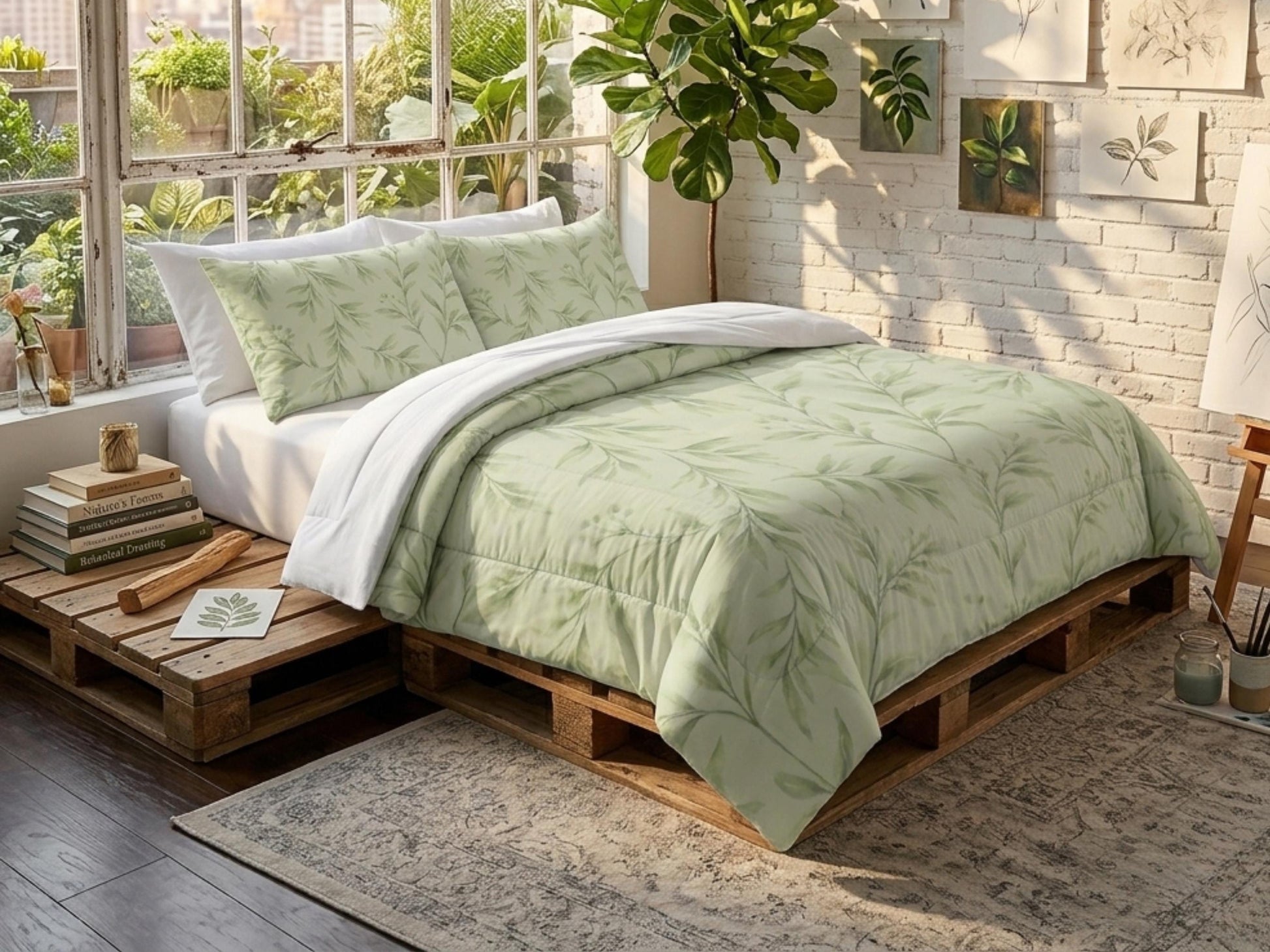 Comforter Set Botanical Sage Green Floral Pistachio Bedding Modern Organic Bed Set with Pillowcase Minimal Neutral Bedroom Decor Soft Green