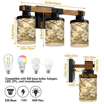 Cream Floral Stained-Glass-Style Three-Light Vanity Fixture