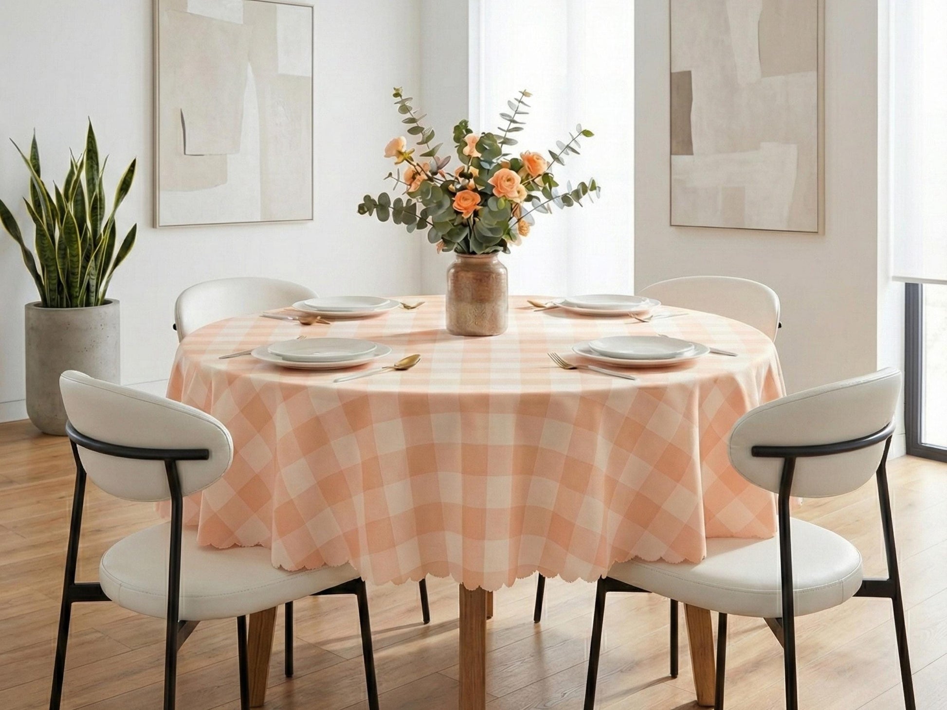 Plaid Tablecloth Peach Pink Scalloped Edge Lace Details For Spring Spill-Proof Summer Washable Fabric Table Cloth For Family Dinner Occasion