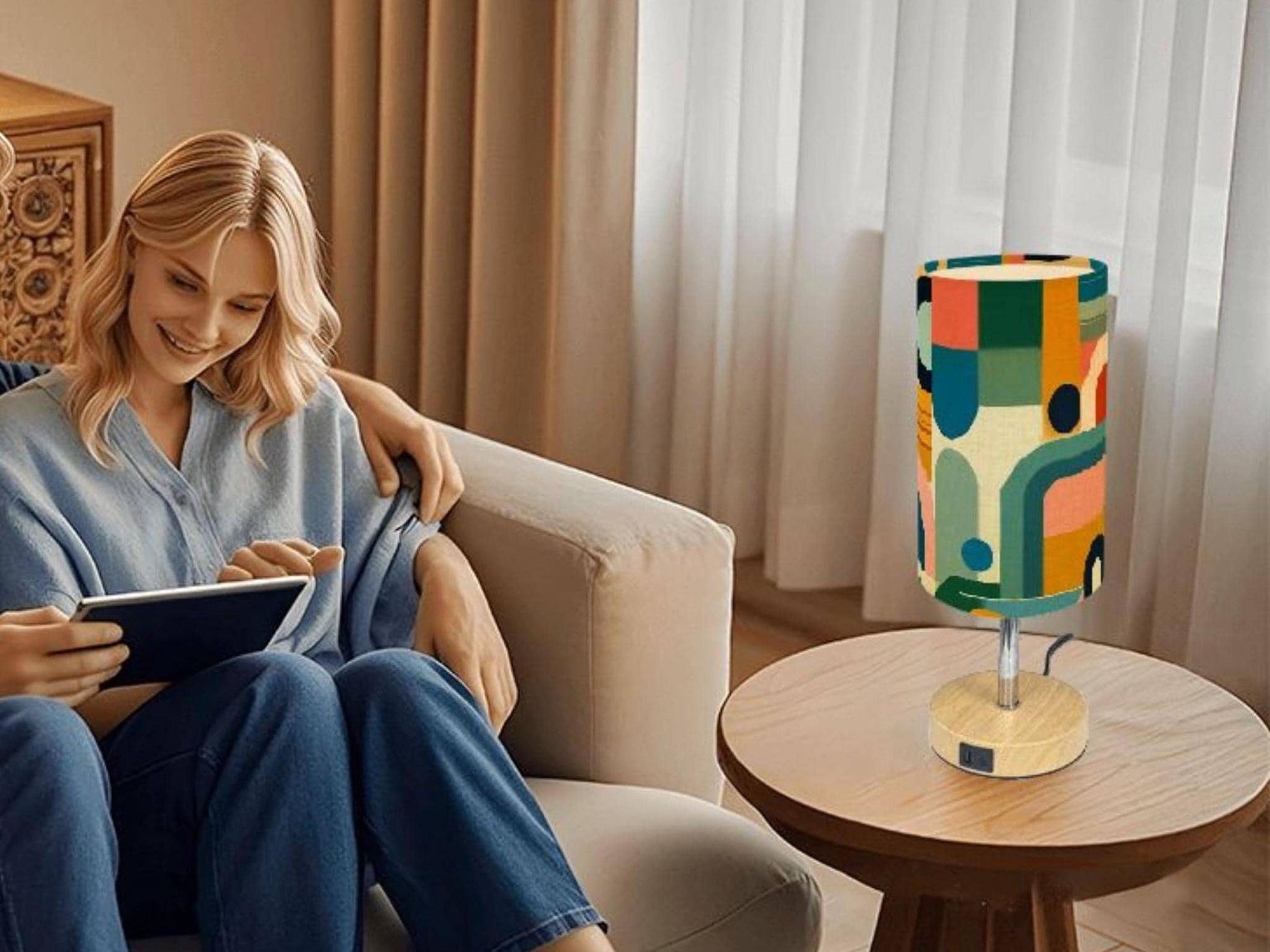 Table Lamp Touch Activated On Off Midcentury Modern Orange Lamp With USB Small Desk Lamp For Office Wood Desk Lamp Lighting for Living Room