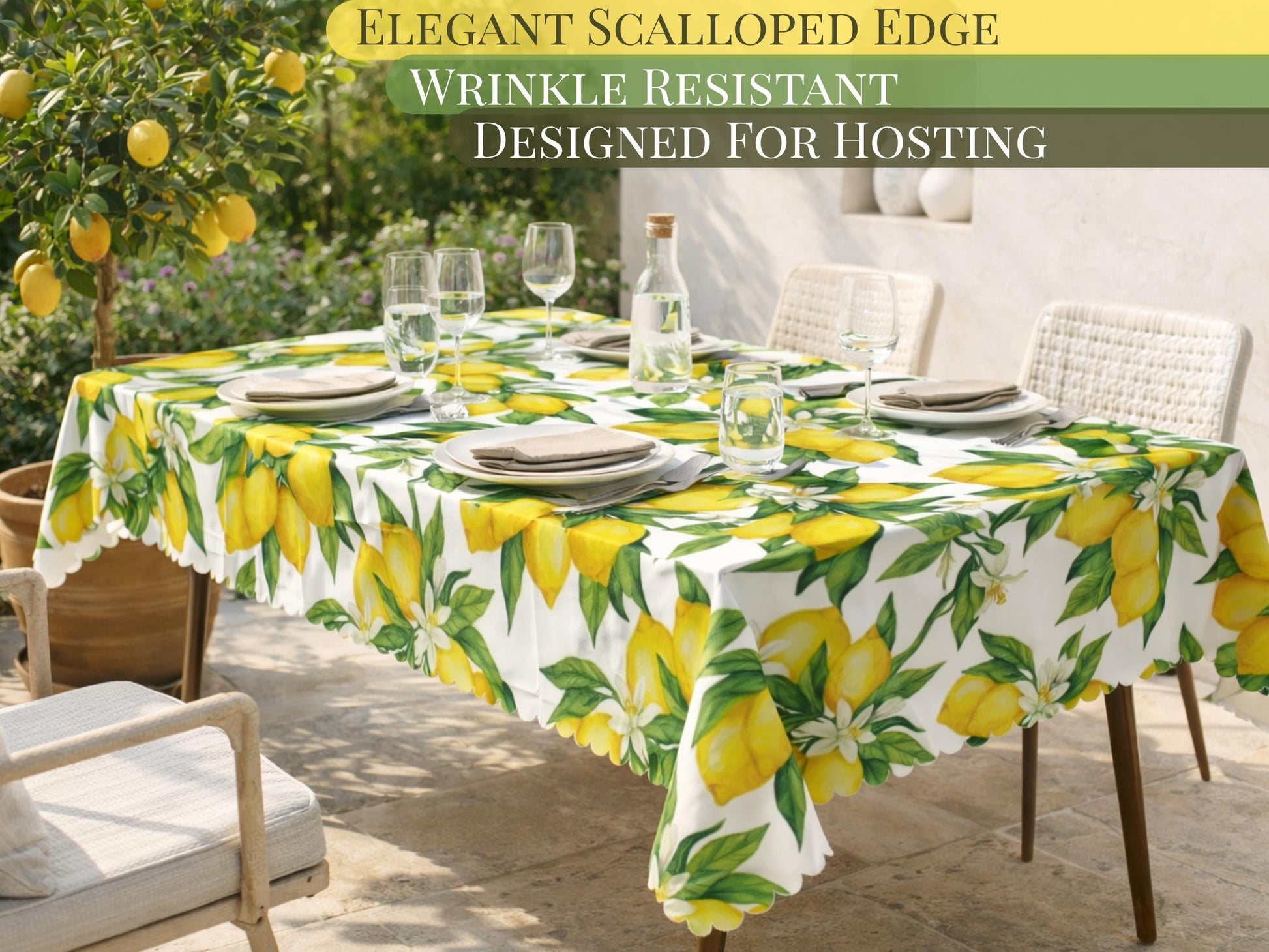 Tablecloth Lemon Rectangle With Scalloped Edge Lace Detail Springtime Spill-Proof Washable Fabric Lemons Table Cloth For Family Dining
