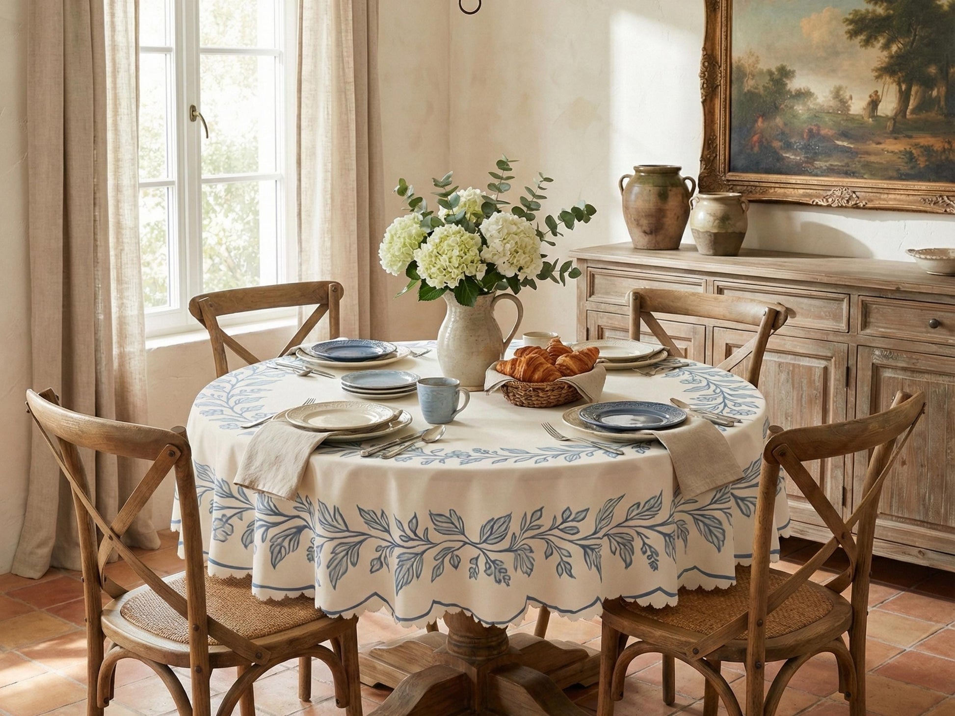 Floral Tablecloth Blue Beige Round 60in Scalloped Edge Lace Details For Dining Table Spill-Proof Beige Washable Fabric Table Cloth Dining