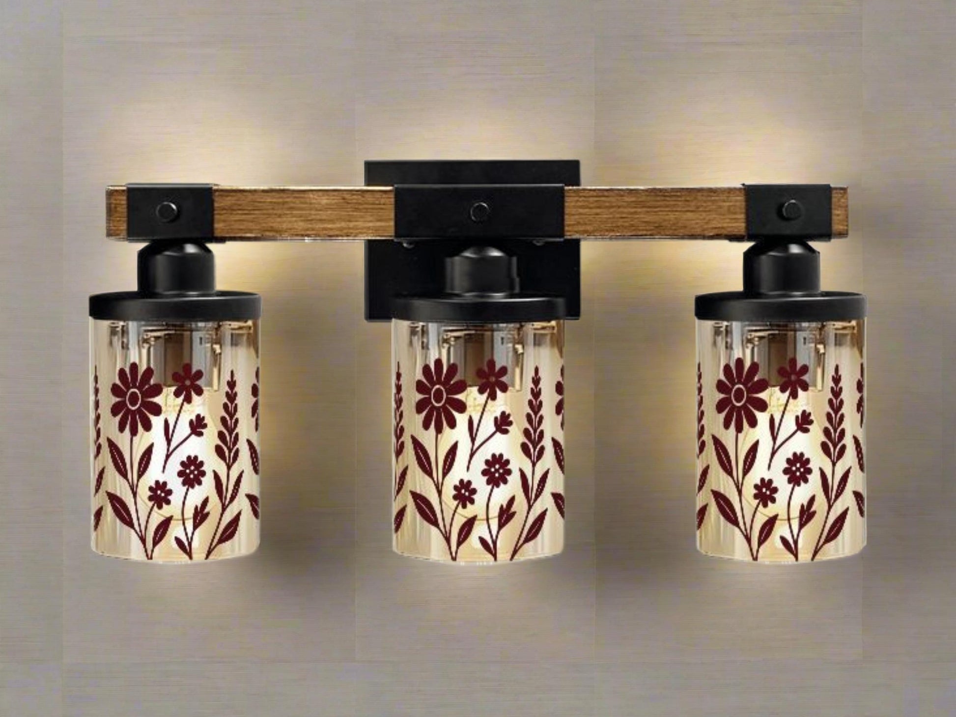 Luxury Bathroom Lighting Modern Vanity Light Fixture 3-Light Decorative Metal and Glass Restroom Light Red Merlot Wildflower Over Sink Decor