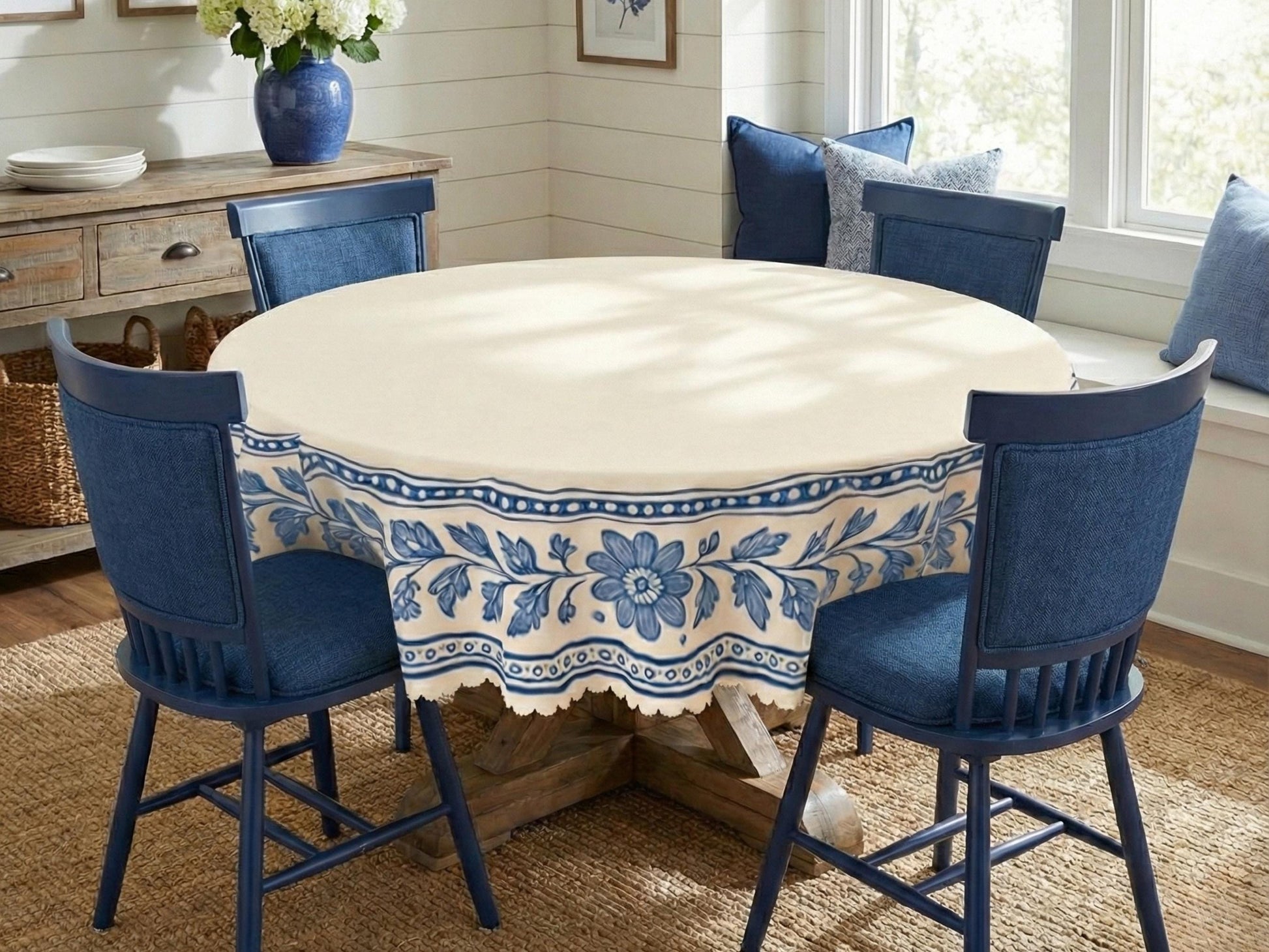 Tablecloth Flowers Border Scalloped Edge Lace Details For Dinner Events Spill-Proof Dining Table Cloth Washable Fabric Dining Tablecloth
