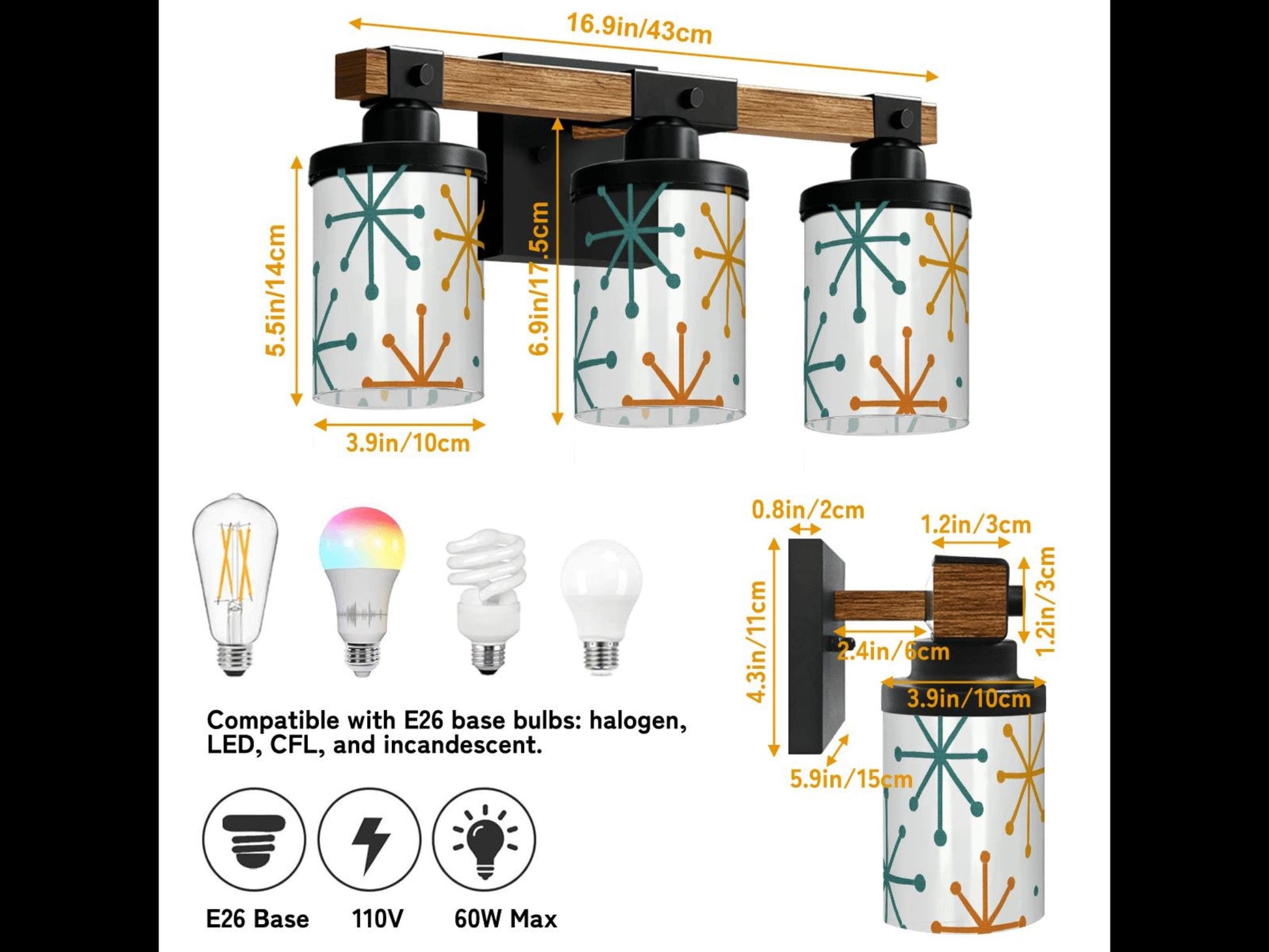 Bathroom Vanity Light Fixture Starburst 3-Light Farmhouse Luxury Bathroom Lighting Clear Glass and Metal Restroom Light Over Sink Decor