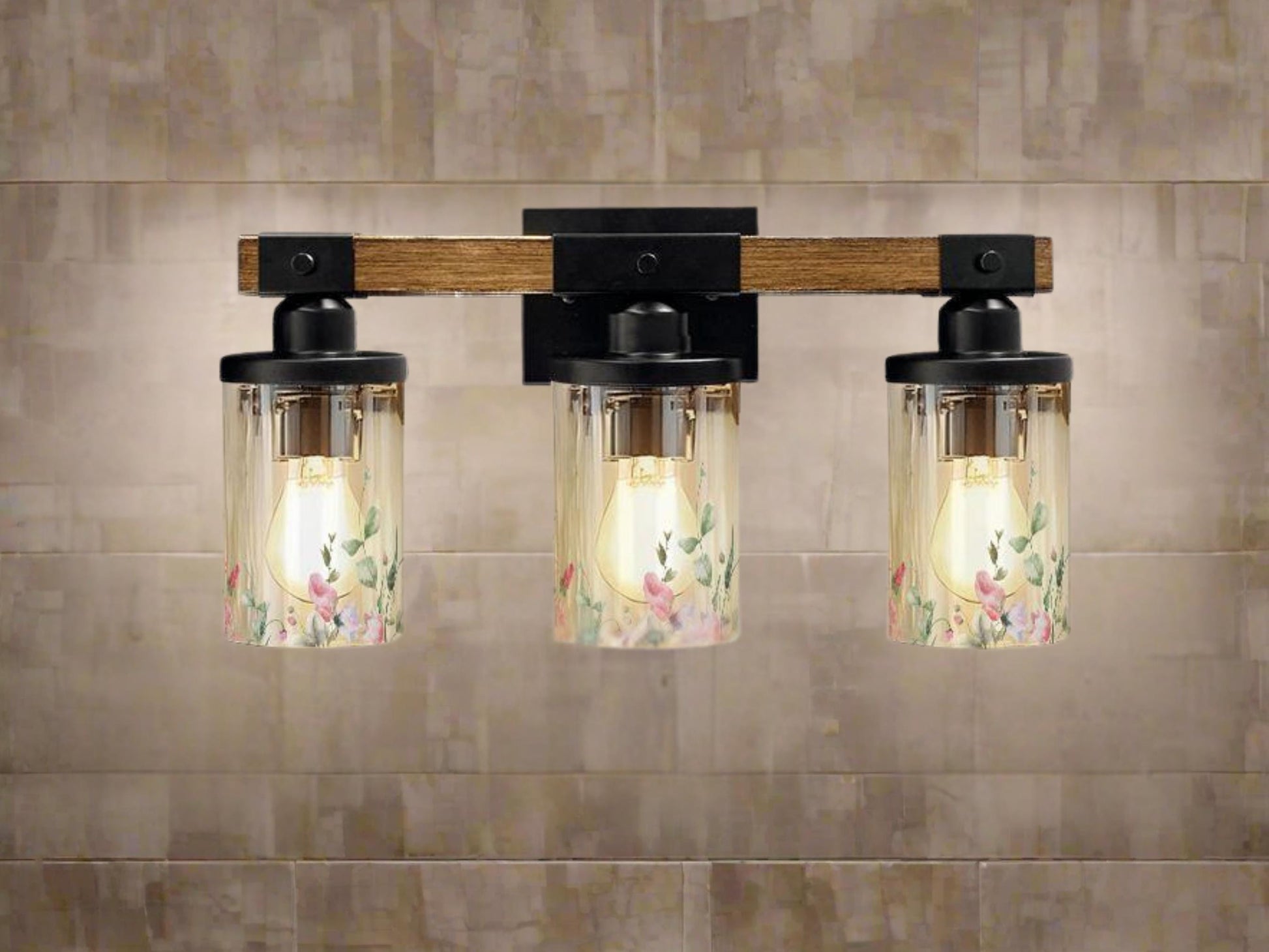 Bathroom Lighting Vanity Light Fixture Soft Pink Floral 3-Light Farmhouse Luxury Bathroom  Metal and Glass Restroom Light Over Sink Decor