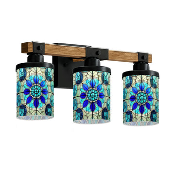 Blue and Teal Floral Stained-Glass-Style Three-Light Vanity Fixture