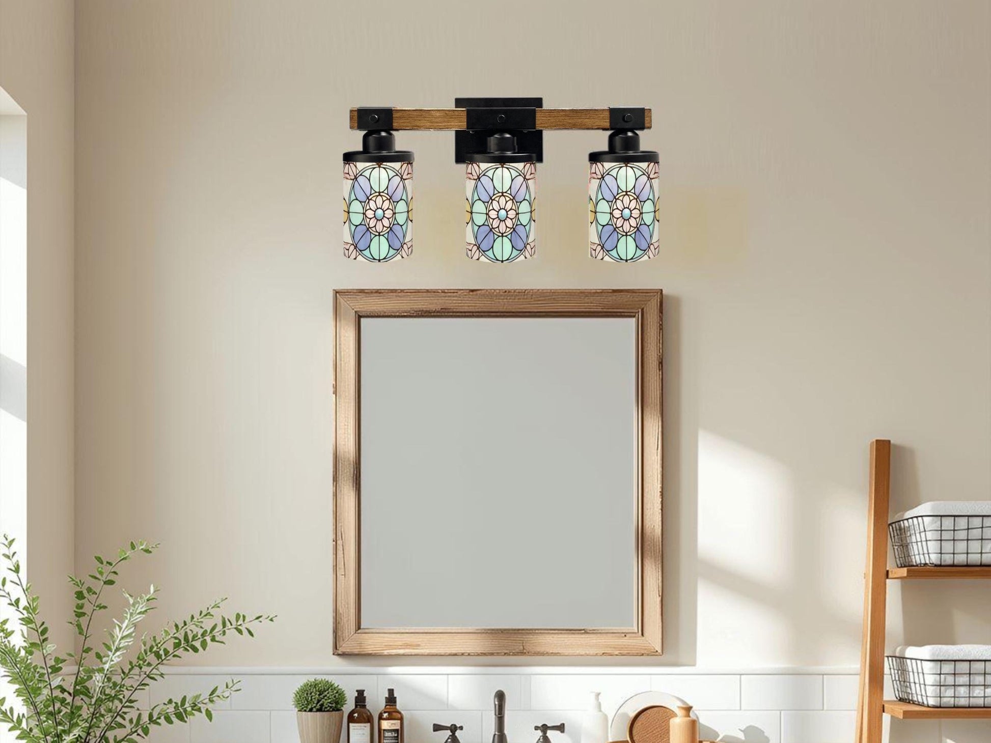 3 Light Vanity Light Fixture Stained Glass Affect Luxury Bathroom Lighting Modern Pattern Metal and Glass Restroom Light Over Sink Decor