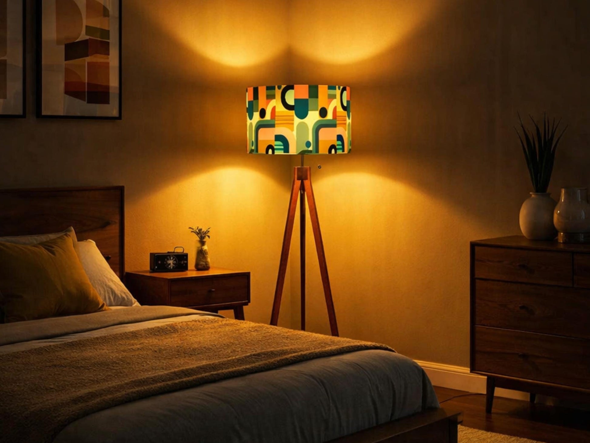 Mid Century Modern Tripod Floor Lamp Wood Base Housewarming Gift Living Room Lighting Decor Abstract Shape Orange Floor Lamp Gifting Idea