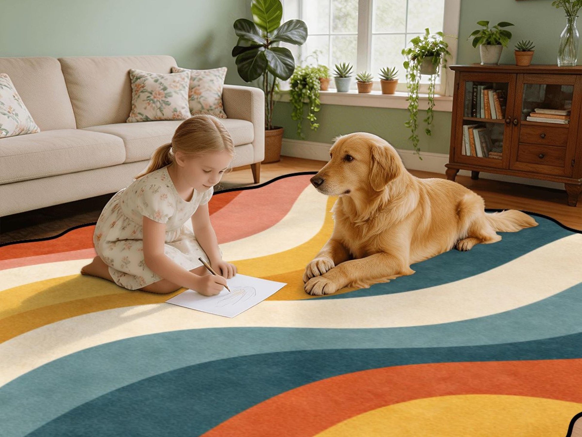Mid Century Modern Scalloped Rug Retro Wave Area Rug Organic Abstract Color Block Rug Modern Living Room Statement Rug Wavy Stripe MCM Rug