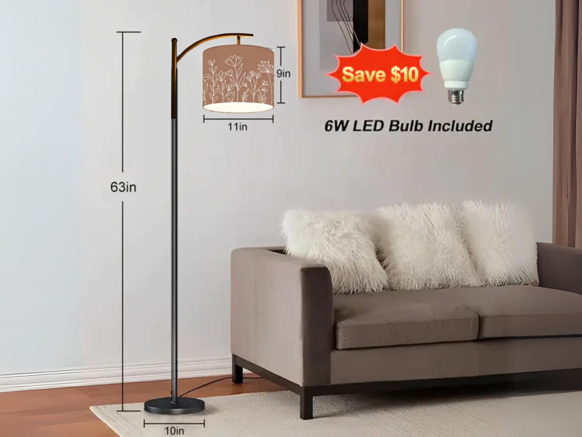 Arc Floor Lamp Modern Wildflower Mocha Mousse Living Room Lamp Gift Housewarming Present Idea Wildflowers Bedroom Lighting Floor Lamp Gift