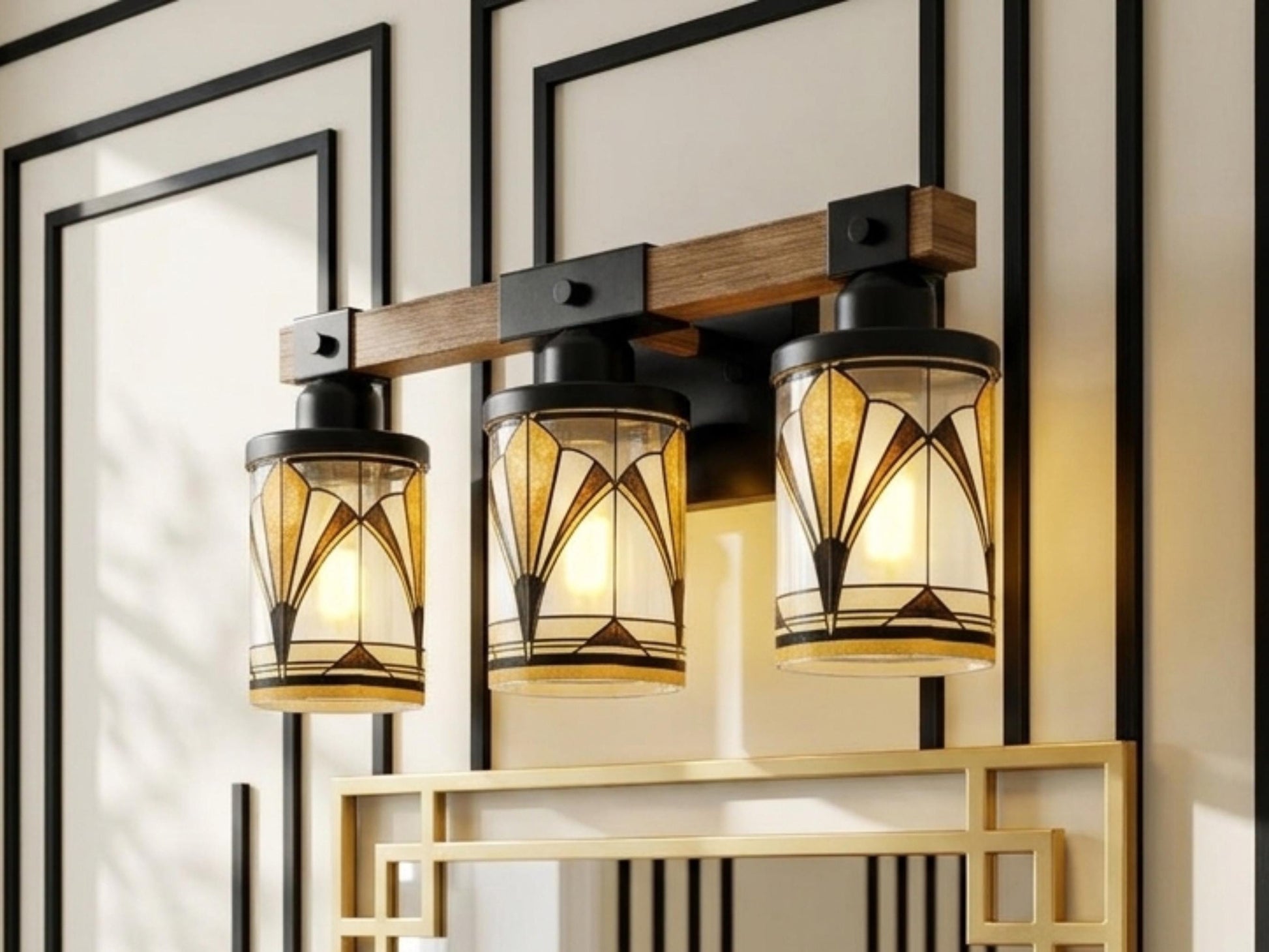 Art Deco Vanity Light Fixture Metal Glass Bathroom Lighting Vintage Wall 3-Light Above Sink Black Vanity Light Luxe Decor 3 Light Bath Decor