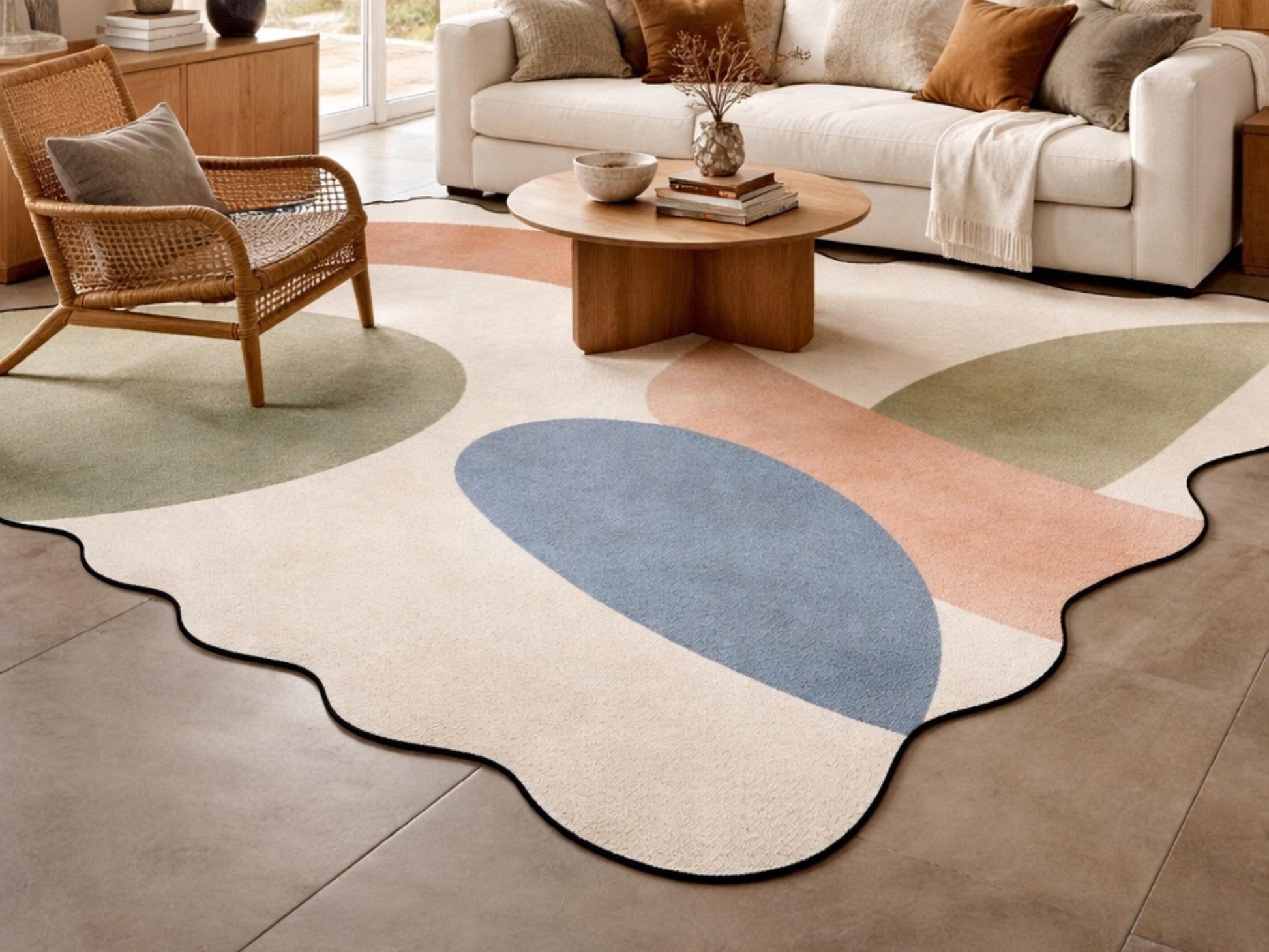 Organic Abstract Rug Scalloped Edge Area Rug Modern Scandinavian Rug Mid Century Designer Rug Neutral Living Room Rug Minimalist Carpet