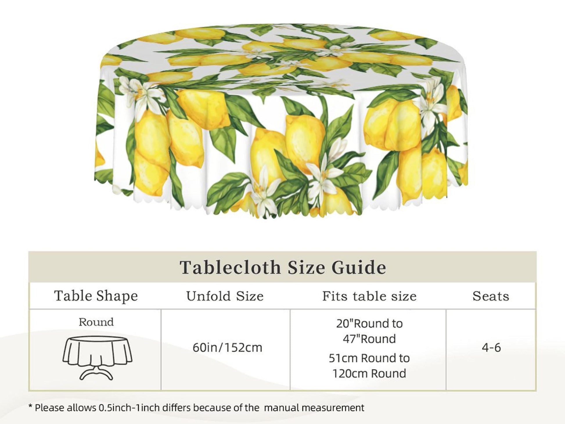 Tablecloth Lemon and Floral With Scalloped Edge Lace Detail Springtime Spill-Proof Lemons Washable Fabric Table Cloth For Family Dining