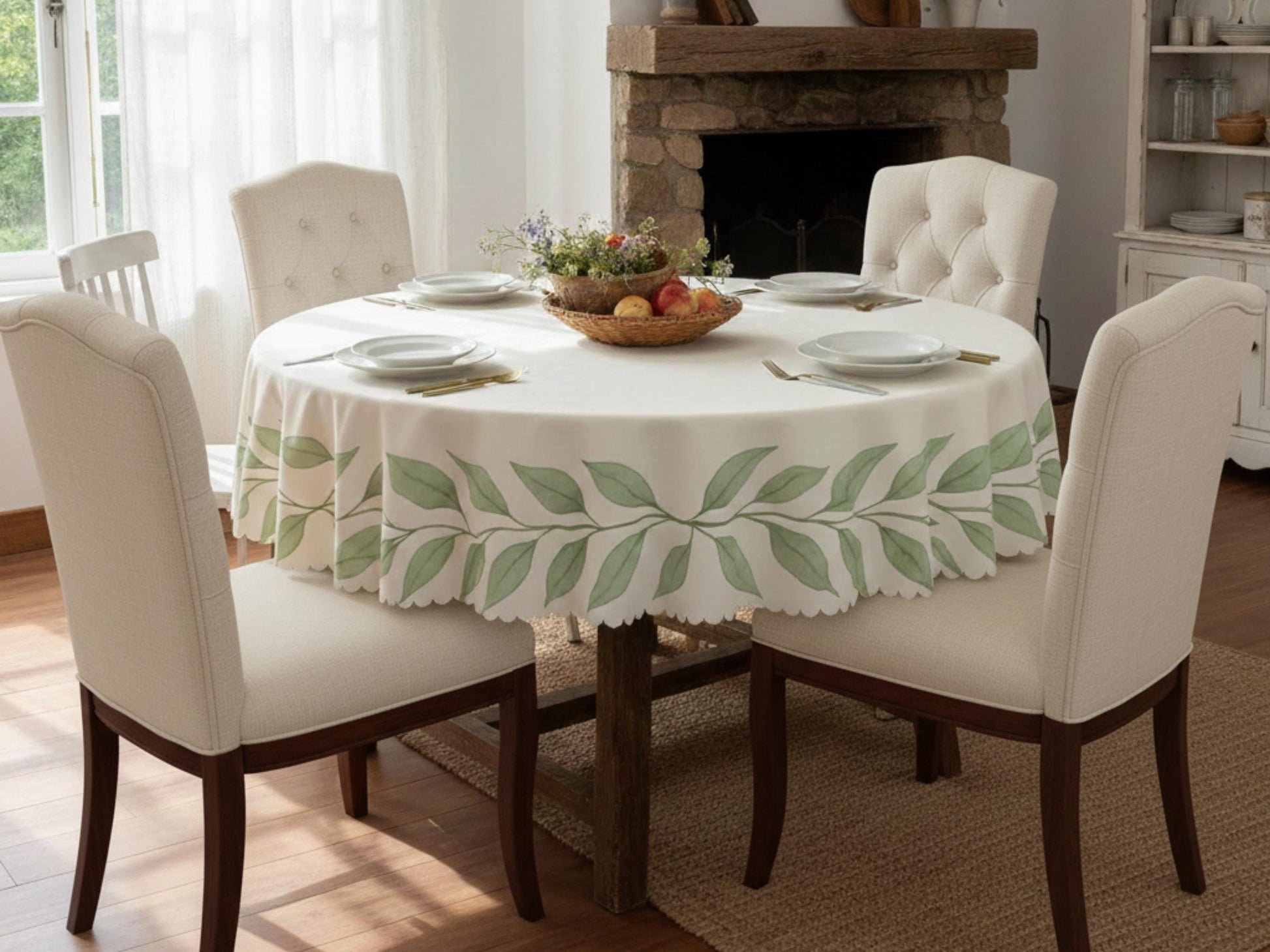 Tablecloth With Green Leaf Border and Scalloped Edge Lace Details Design Spill-Proof Dining Washable Fabric Table Cloth For Kitchen Table