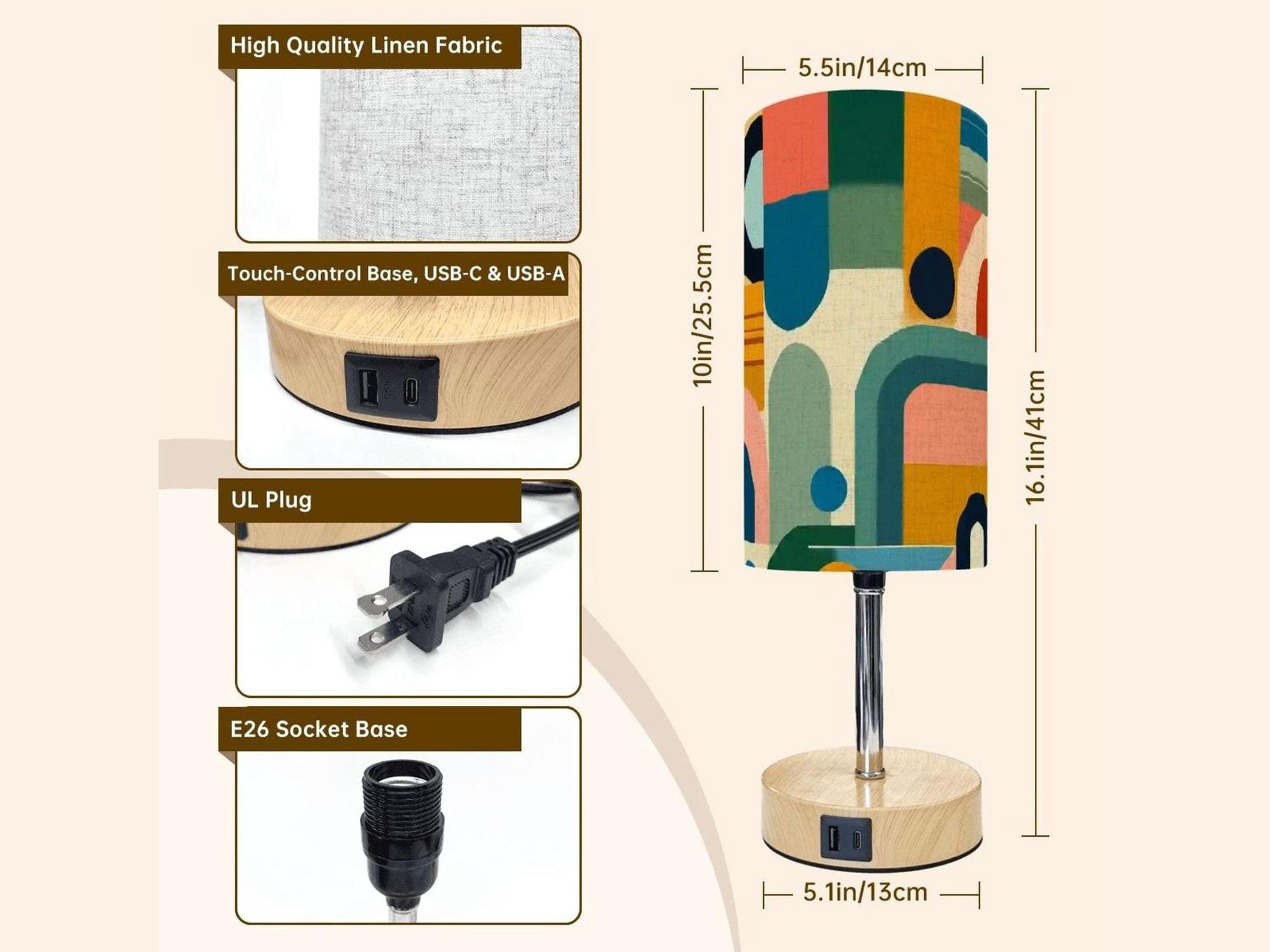 Table Lamp Touch Activated On Off Midcentury Modern Orange Lamp With USB Small Desk Lamp For Office Wood Desk Lamp Lighting for Living Room