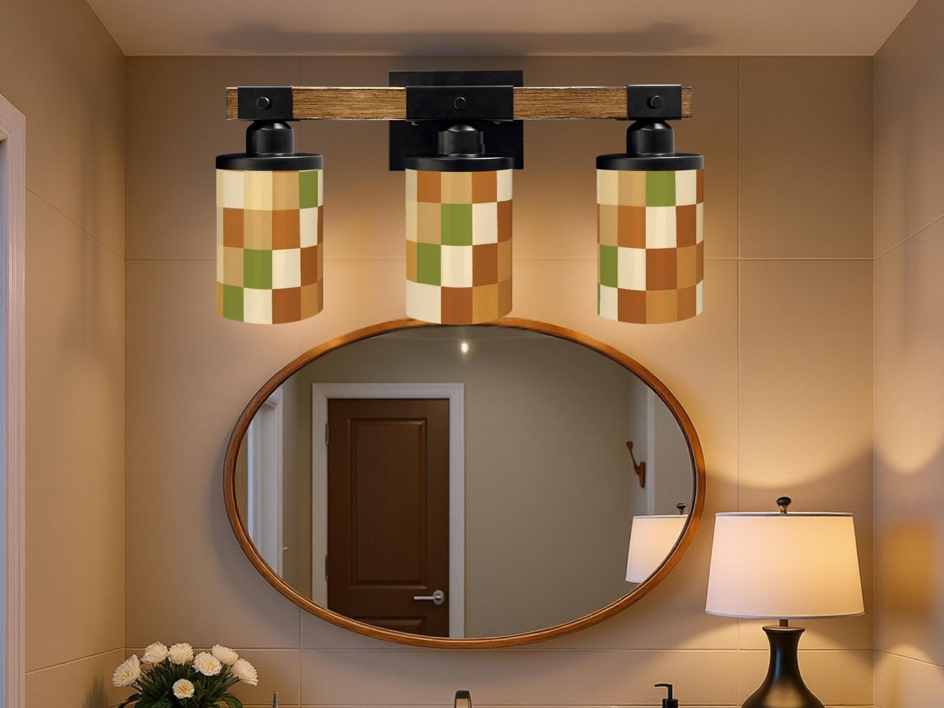 Luxury Bathroom Lighting MCM Vanity Light Fixture 3-Light Decorative Metal & Glass Restroom Light Midcentury Modern Checkers Over Sink Decor