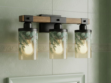 Bathroom Light Fixture Green Vanity Lighting  3-Light Decorative Metal & Glass Restroom Light Sage Greenery Pink Leaves Over Sink Decor