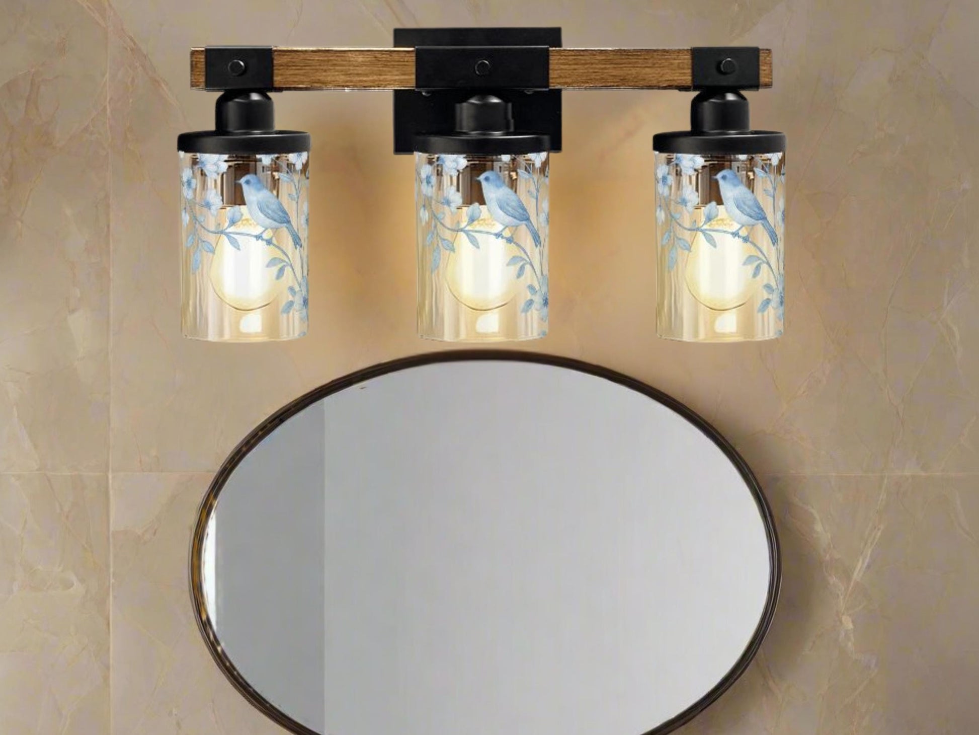 Luxury Bathroom Lighting Chinoiserie Vanity Light Fixture 3-Light Decorative Metal and Glass Restroom Light Toile Bird Light Over Sink Decor