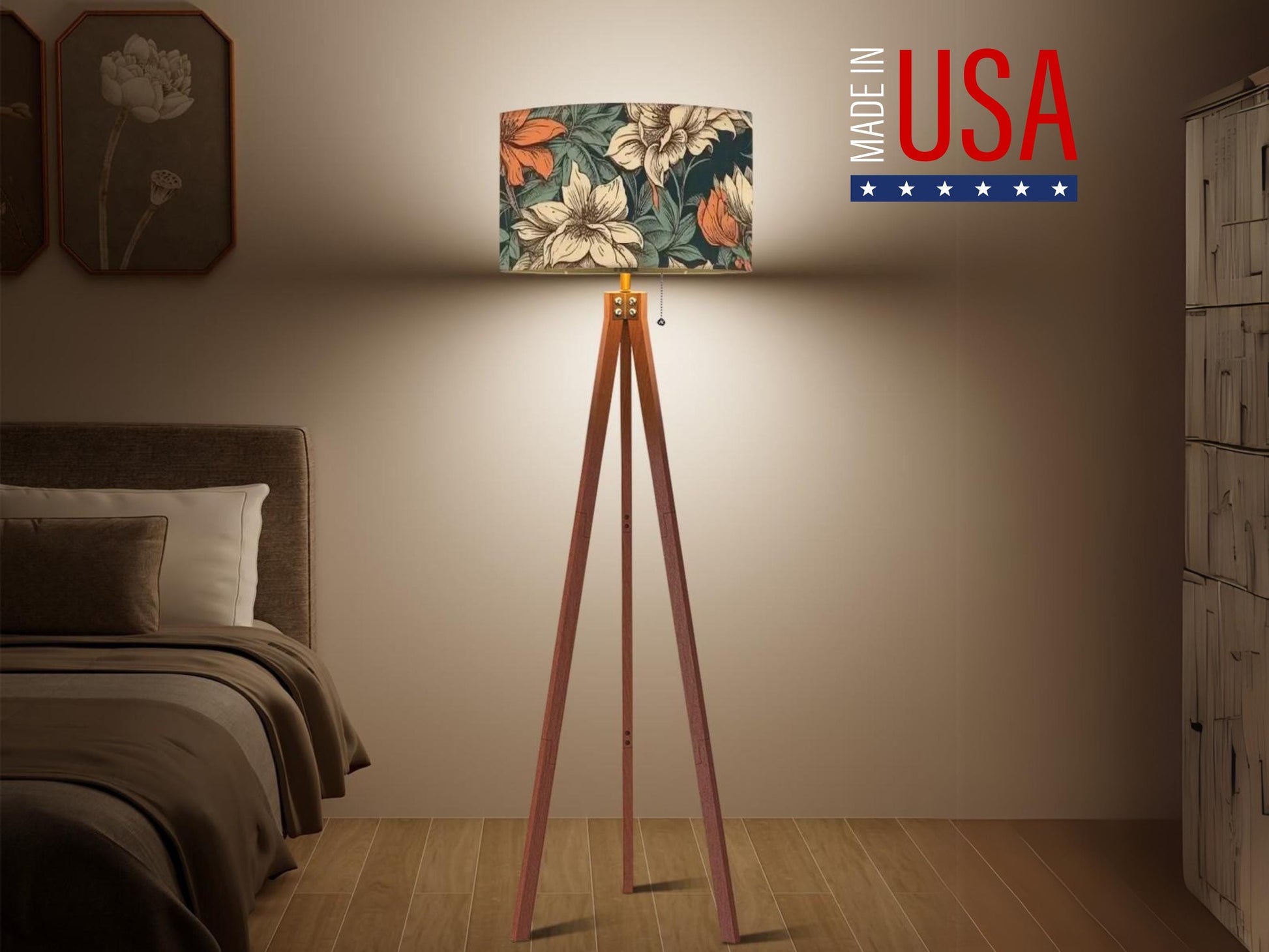 a bedroom with a bed, a lamp on a tripod, and a sign that reads "Made in USA".