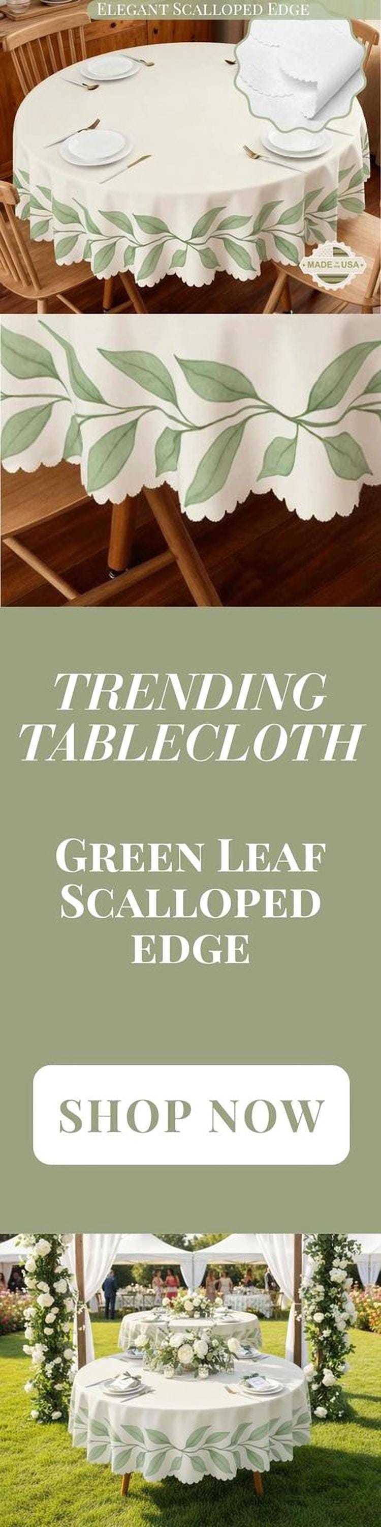 Tablecloth With Green Leaf Border and Scalloped Edge Lace Details Design Spill-Proof Dining Washable Fabric Table Cloth For Kitchen Table