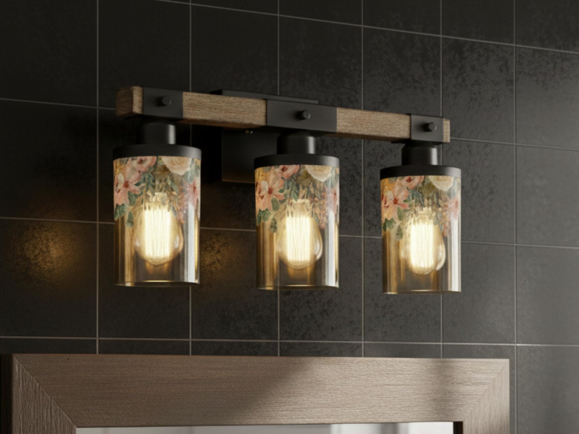 Vanity Light Fixture 3-Light Watercolor Floral Farmhouse Luxury Bathroom Lighting Flowers Metal and Glass Restroom Light Over Sink Decor