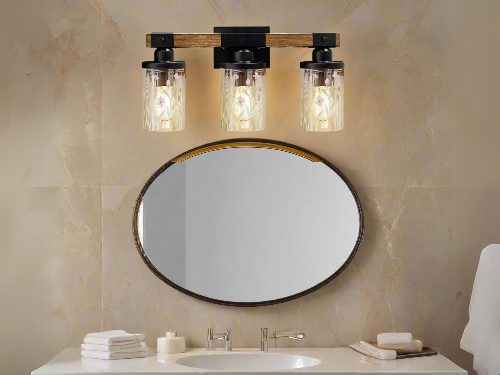 Luxury Bathroom Vanity Light Fixture 3-Light Watercolor Spring Floral Farmhouse Pink Flowers Metal and Glass Restroom Light Over Sink Decor