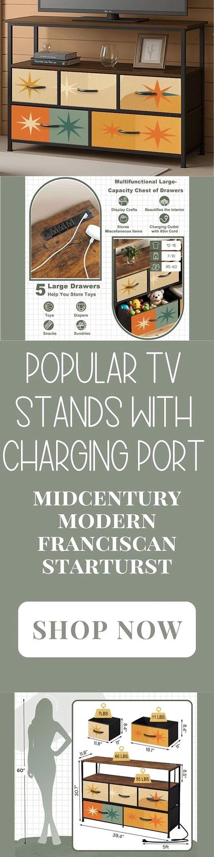 TV Stand With Drawers MCM Franciscan Starburst Decorative Fabric Drawers Bedroom Chest of Drawers Midcentury Modern Plug and Charging Port