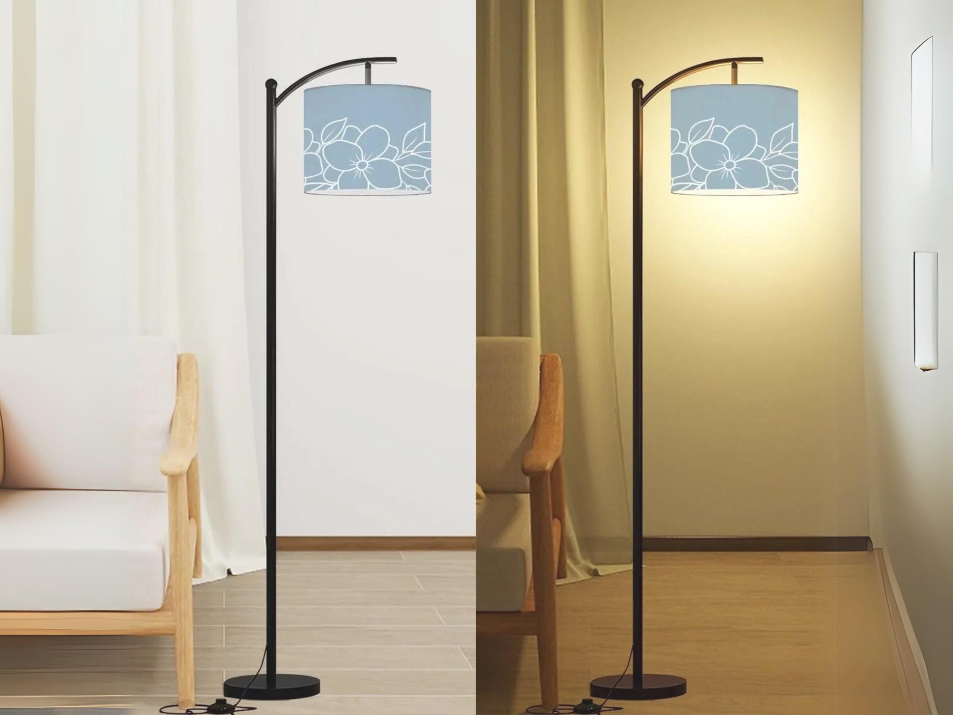 Arc Floor Lamp Modern Powder Blue Floral Living Room Lamp Gift Housewarming Present Idea Wildflowers Design Bedroom Lighting Floor Lamp Gift