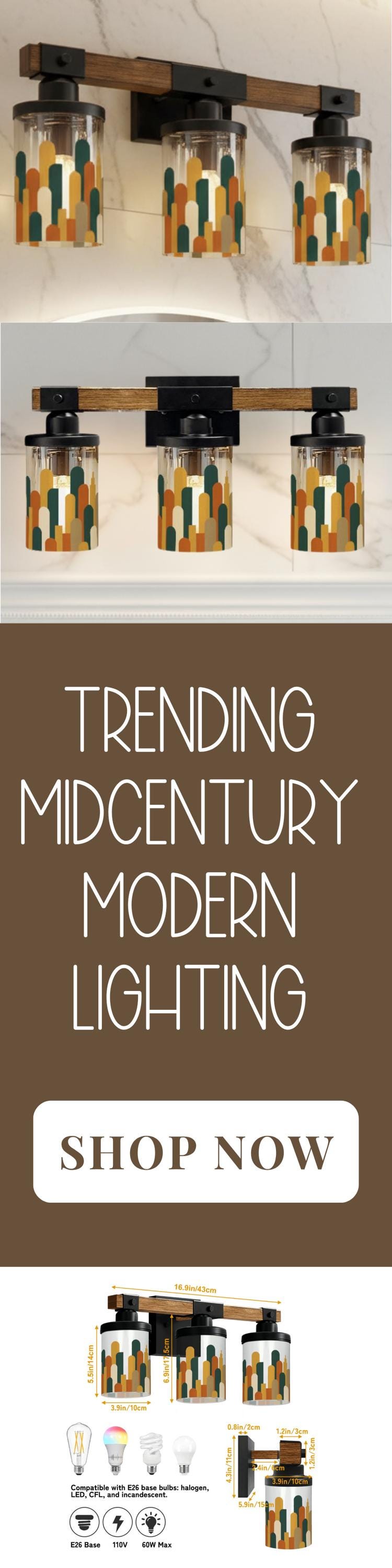 Luxury Bathroom Lighting MCM Vanity Light Fixture 3-Light Decorative Metal & Glass Restroom Light Midcentury Modern City Skyline Sink Decor