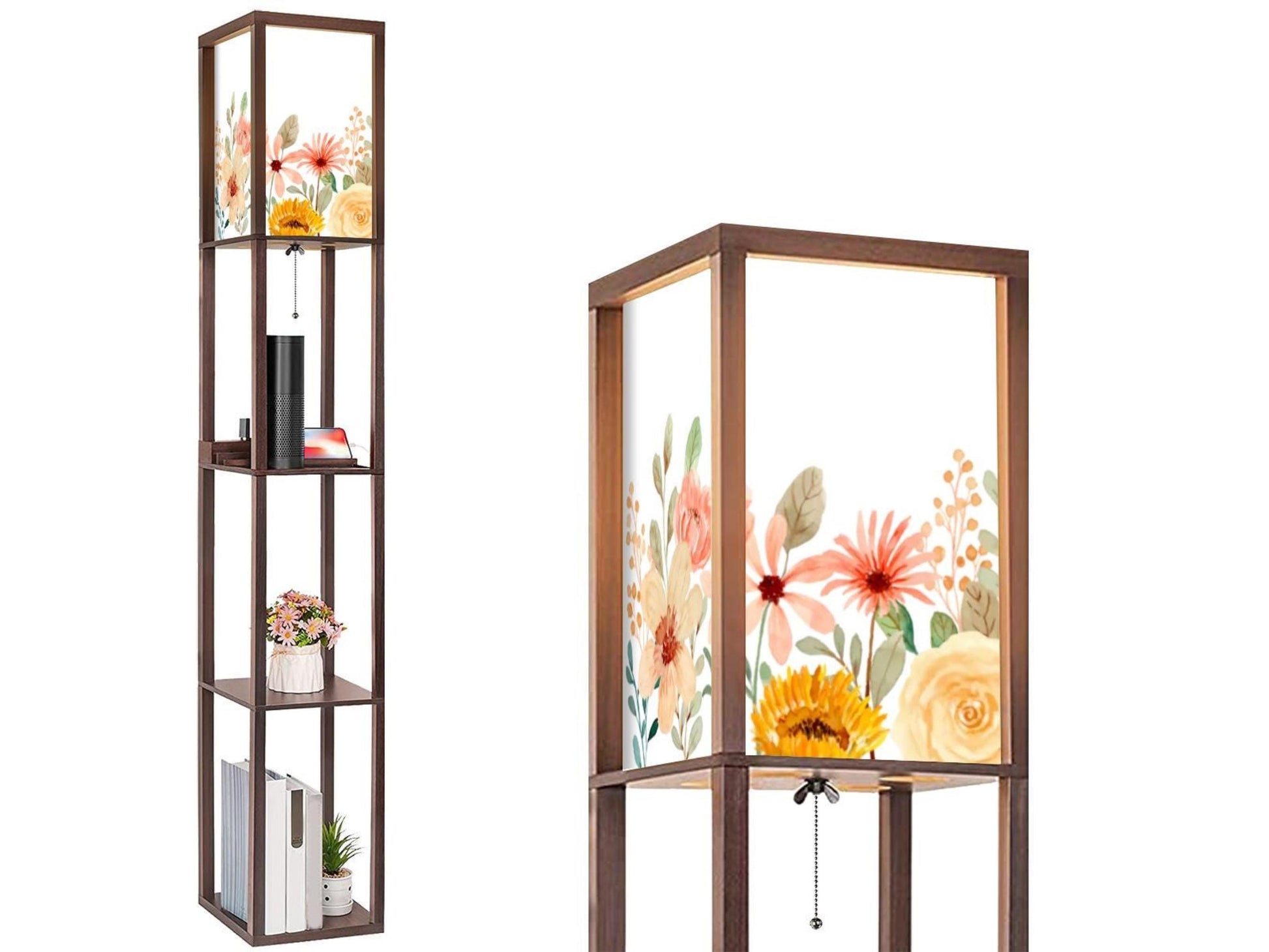 Floor Lamp Wooden Shelves Floral USB Floor Lamp Living Room Lighting Made in USA Floor Lamp With 3 Shelves Bedroom Lighting for Living Room