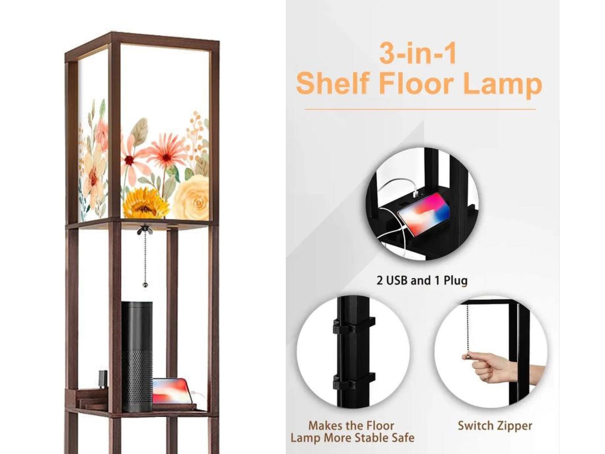 Floor Lamp Wooden Shelves Floral USB Floor Lamp Living Room Lighting Made in USA Floor Lamp With 3 Shelves Bedroom Lighting for Living Room