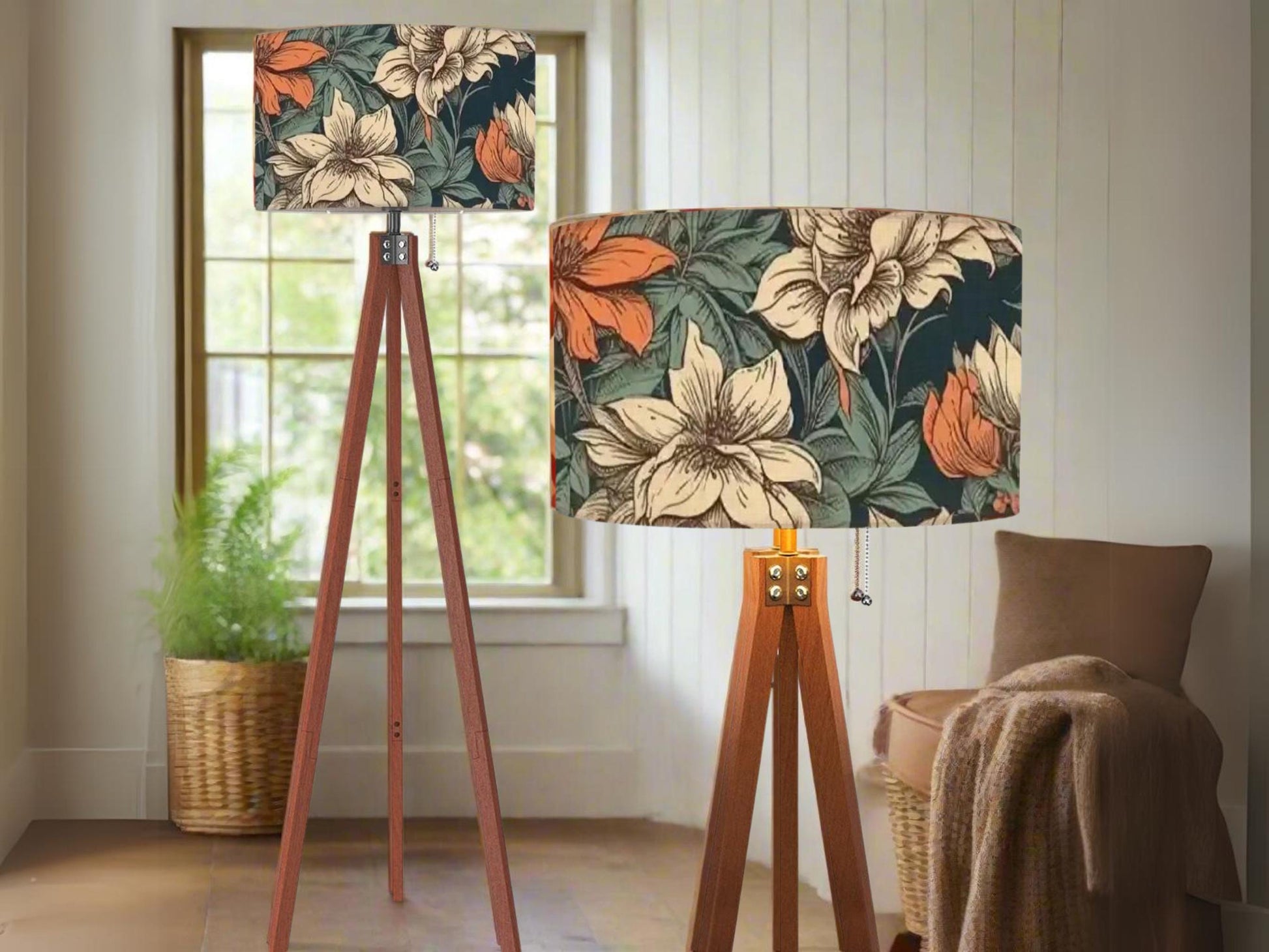Floor Lamp Wood Tripod Tall Lamp Solid Wood Round Linen Shade Mid Century Floral Tall Lamp Housewarming Gift Living Room Lighting Decor Lamp