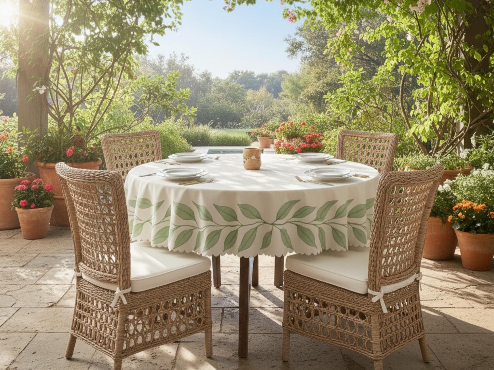 Tablecloth With Green Leaf Border and Scalloped Edge Lace Details Design Spill-Proof Dining Washable Fabric Table Cloth For Kitchen Table