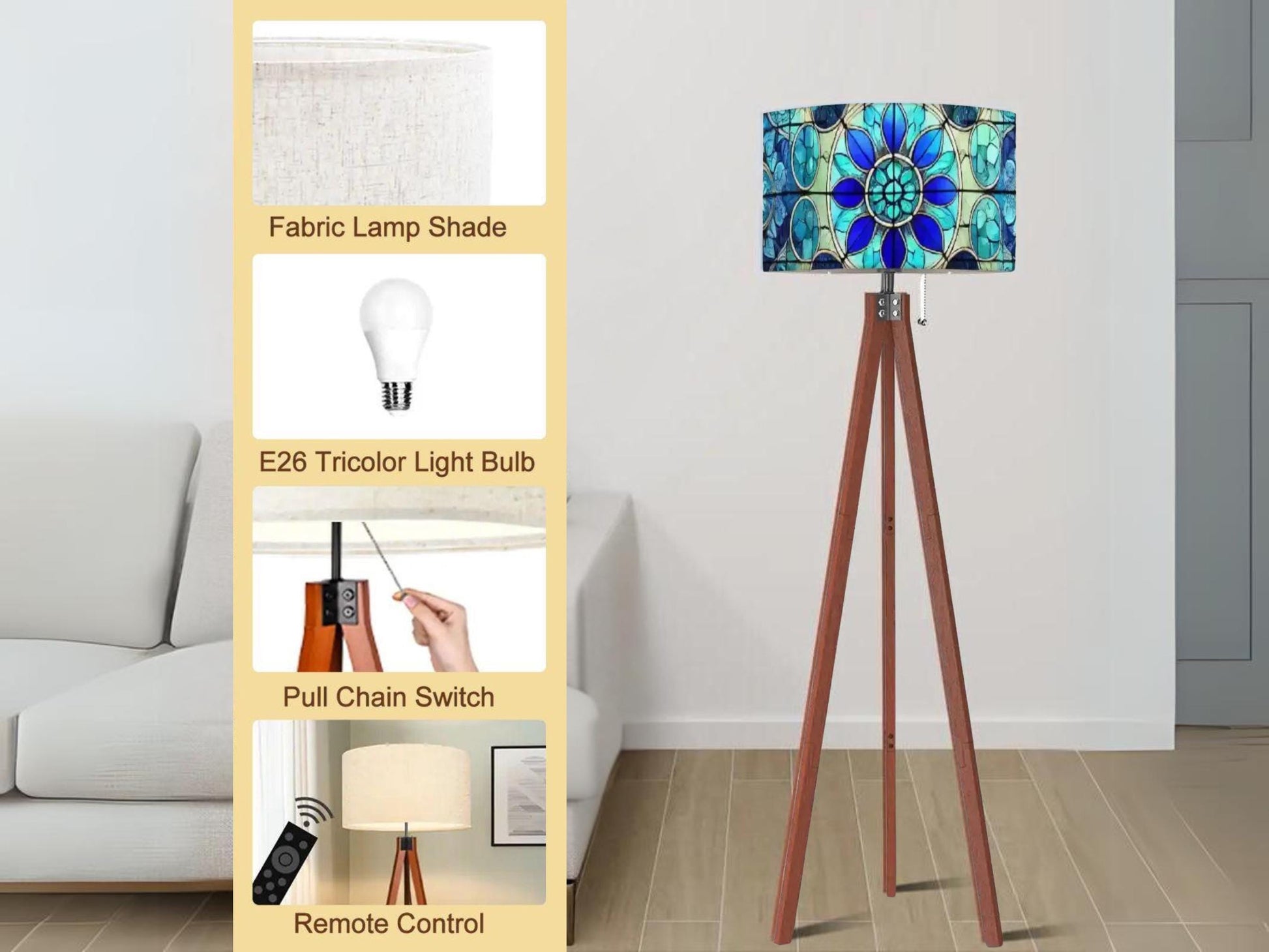 Floor Lamp Tripod Mid Century Wood Tall Lamp Linen Shade Stained Glass Effect Solid Wood Tall Lamp Housewarming Gift Living Room Decor Lamp
