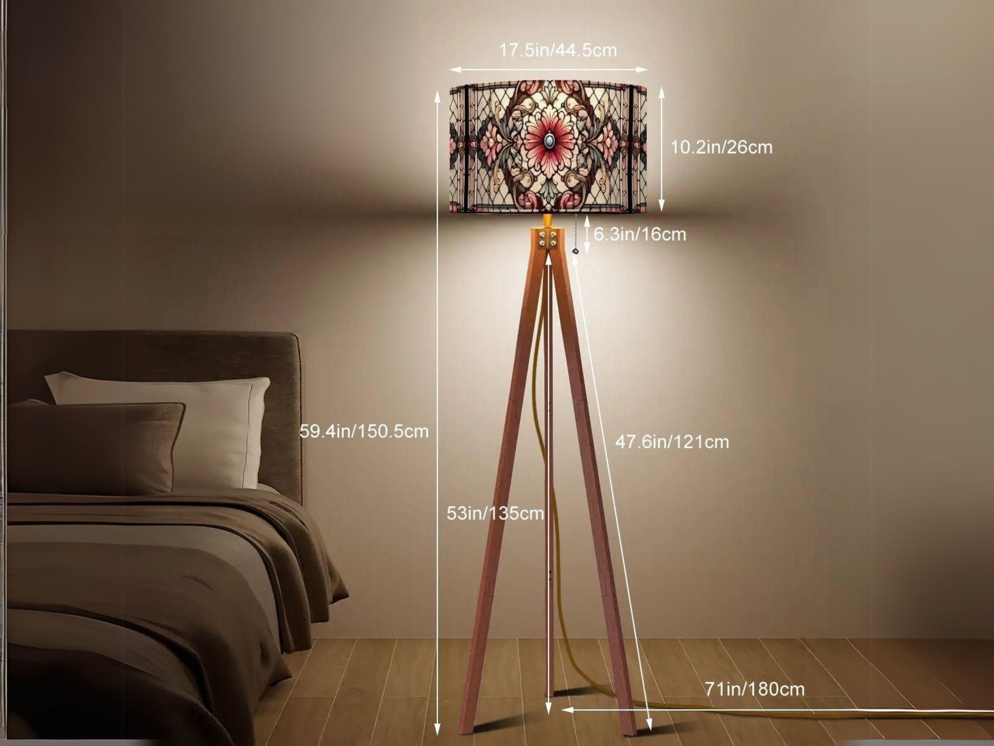 Floor Lamp Mid Century Wood Tripod Tall Lamp Solid Wood Linen Shade Stained Glass Effect Tall Lamp Housewarming Gift Living Room Decor Lamp