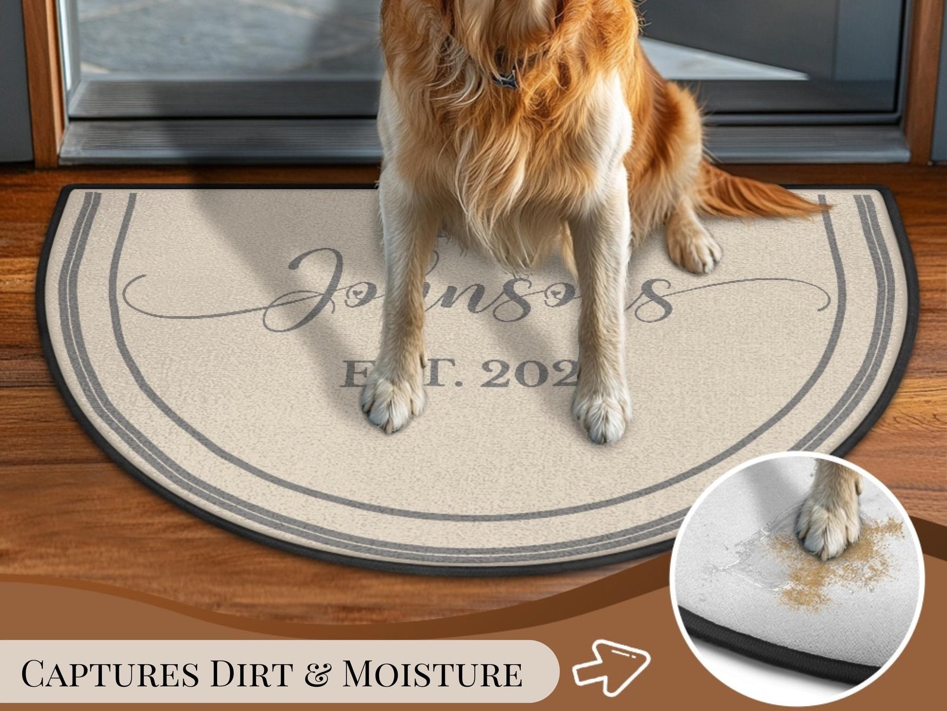 Welcome Mat Custom Entryway Rug Family Name Est Year Semi-Circle Minimalist Beige Carpet Accent Mat Rug Soft Short Pile Personalized Rug