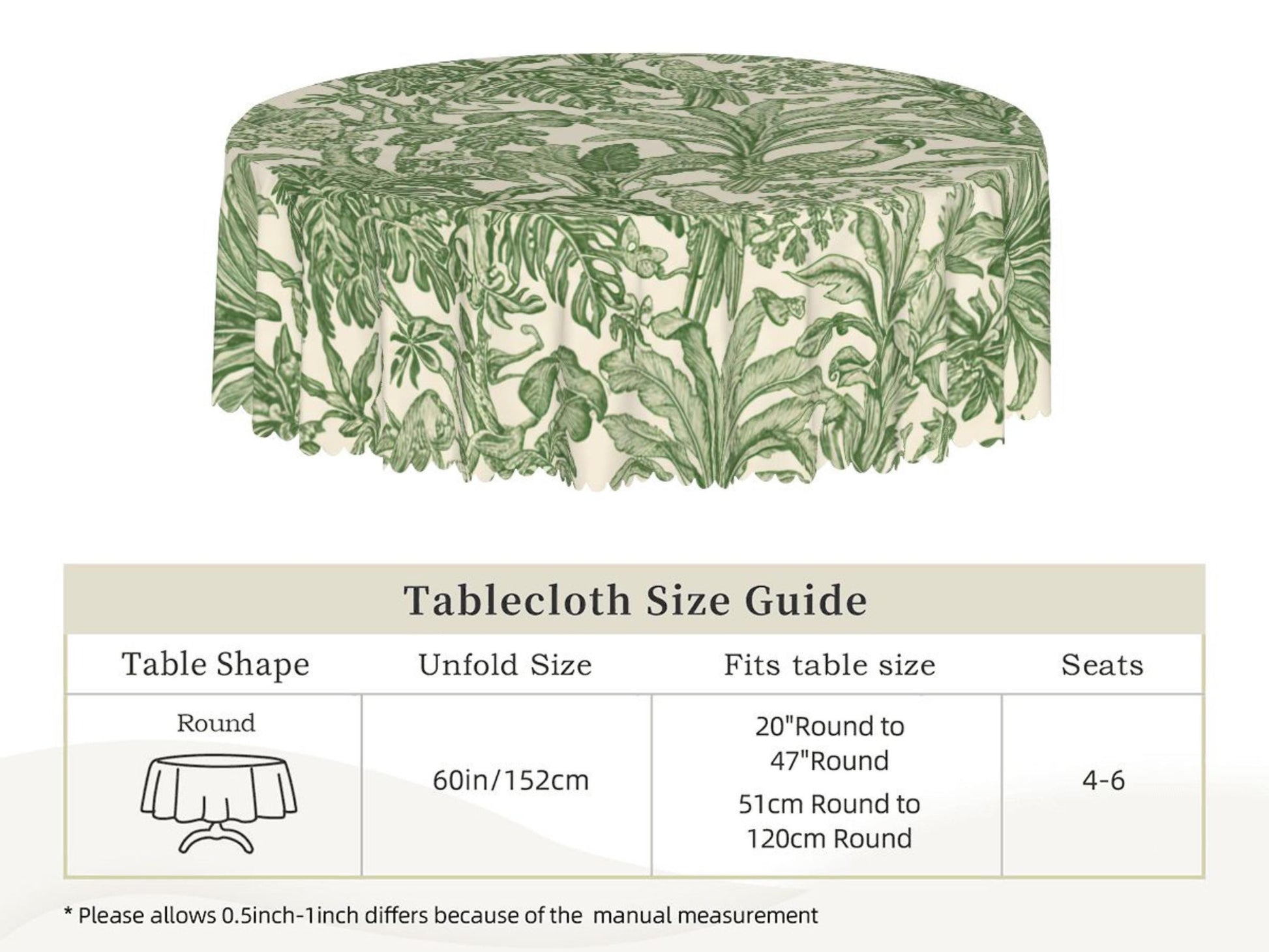 Toile Green Tropical Tablecloth With Scalloped Edge Lace Details For Dining Table Spill-Proof Spring Washable Table Cloth Elegant Setting