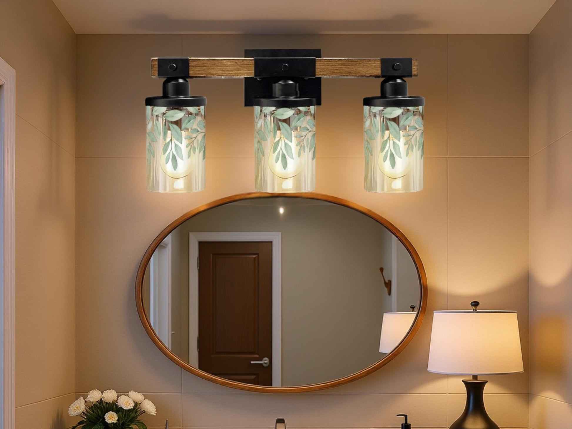 Luxury Bathroom Lighting Botanical Vanity Light Fixture 3-Light Decorative Metal & Glass Restroom Lights Green Leaves Light Over Sink Decor