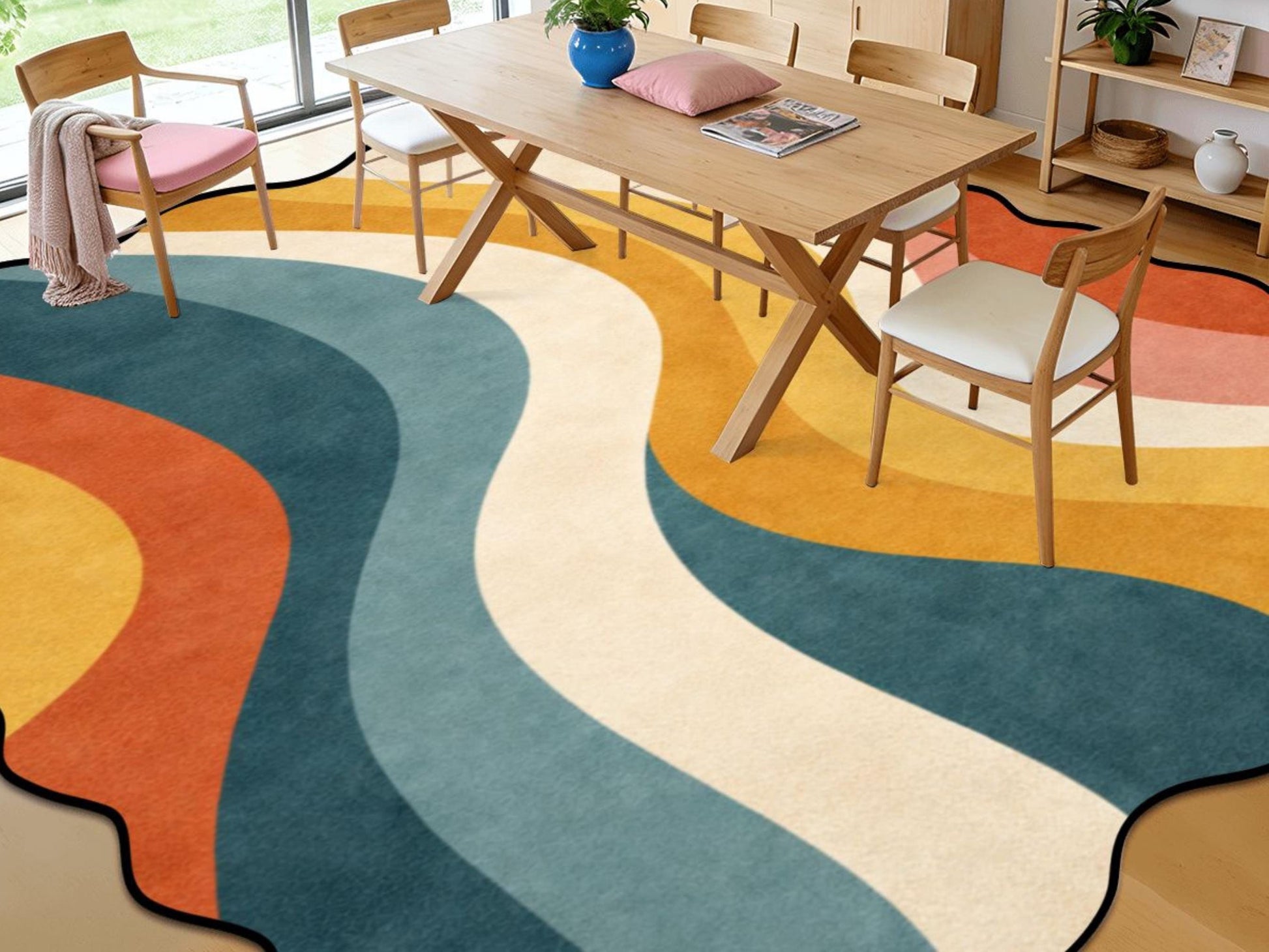 Mid Century Modern Scalloped Rug Retro Wave Area Rug Organic Abstract Color Block Rug Modern Living Room Statement Rug Wavy Stripe MCM Rug