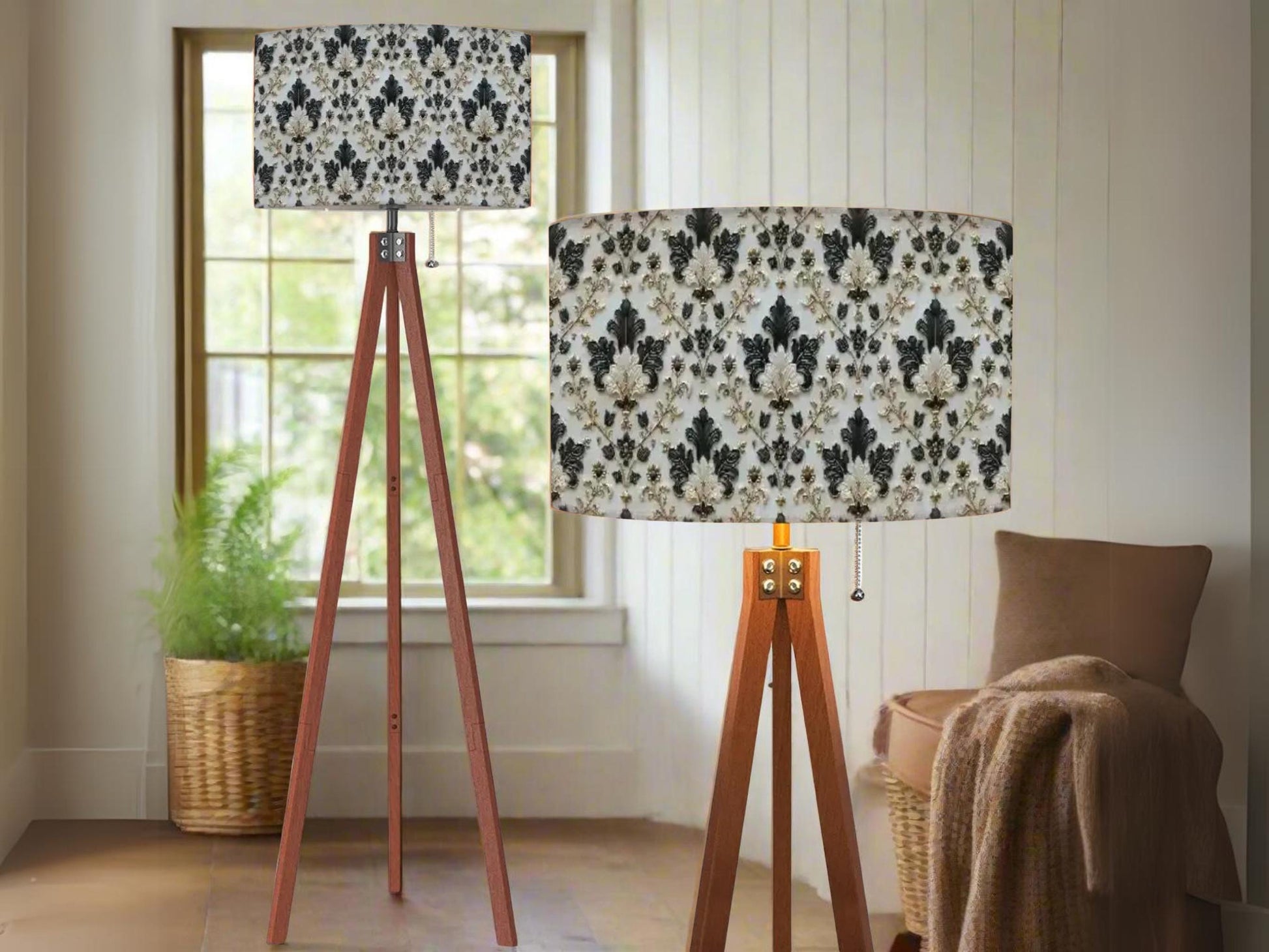 Floor Lamp Tripod Solid Wood Tall Lamp Gold and Green Ornate Floral Mid Century Shade Living Room Lighting for Bedroom Home Decor Dining
