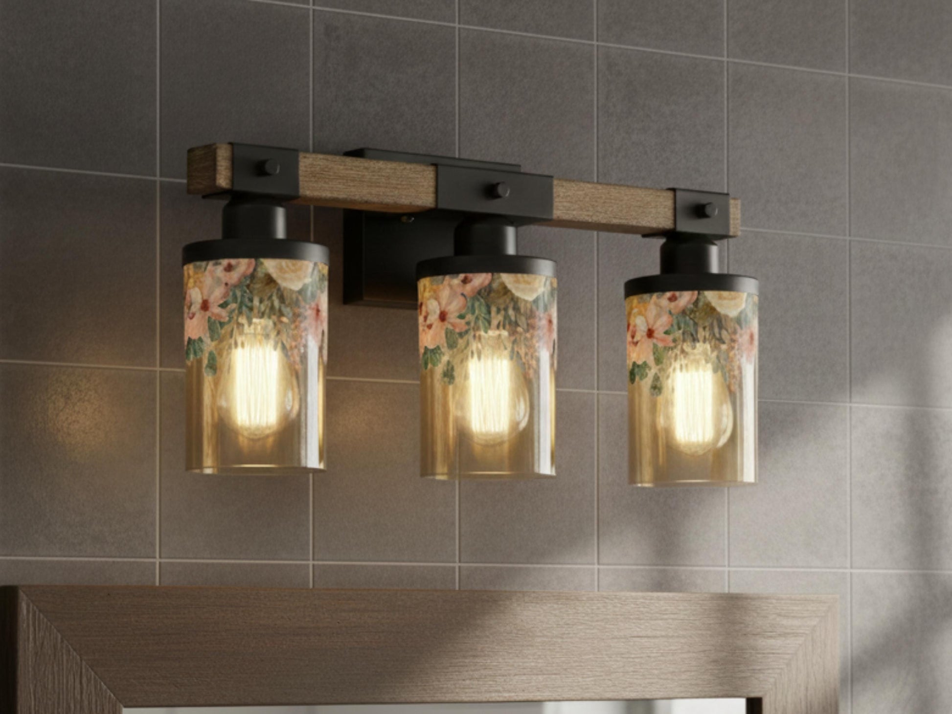Vanity Light Fixture 3-Light Watercolor Floral Farmhouse Luxury Bathroom Lighting Flowers Metal and Glass Restroom Light Over Sink Decor