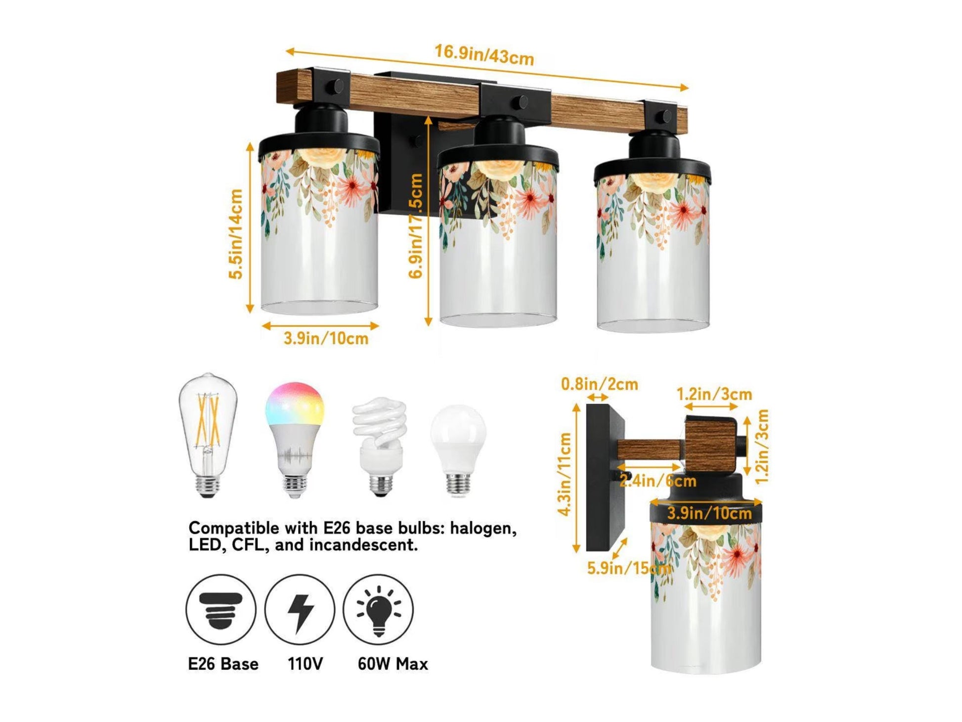 Vanity Light Fixture 3-Light Watercolor Floral Farmhouse Luxury Bathroom Lighting Flowers Metal and Glass Restroom Light Over Sink Decor