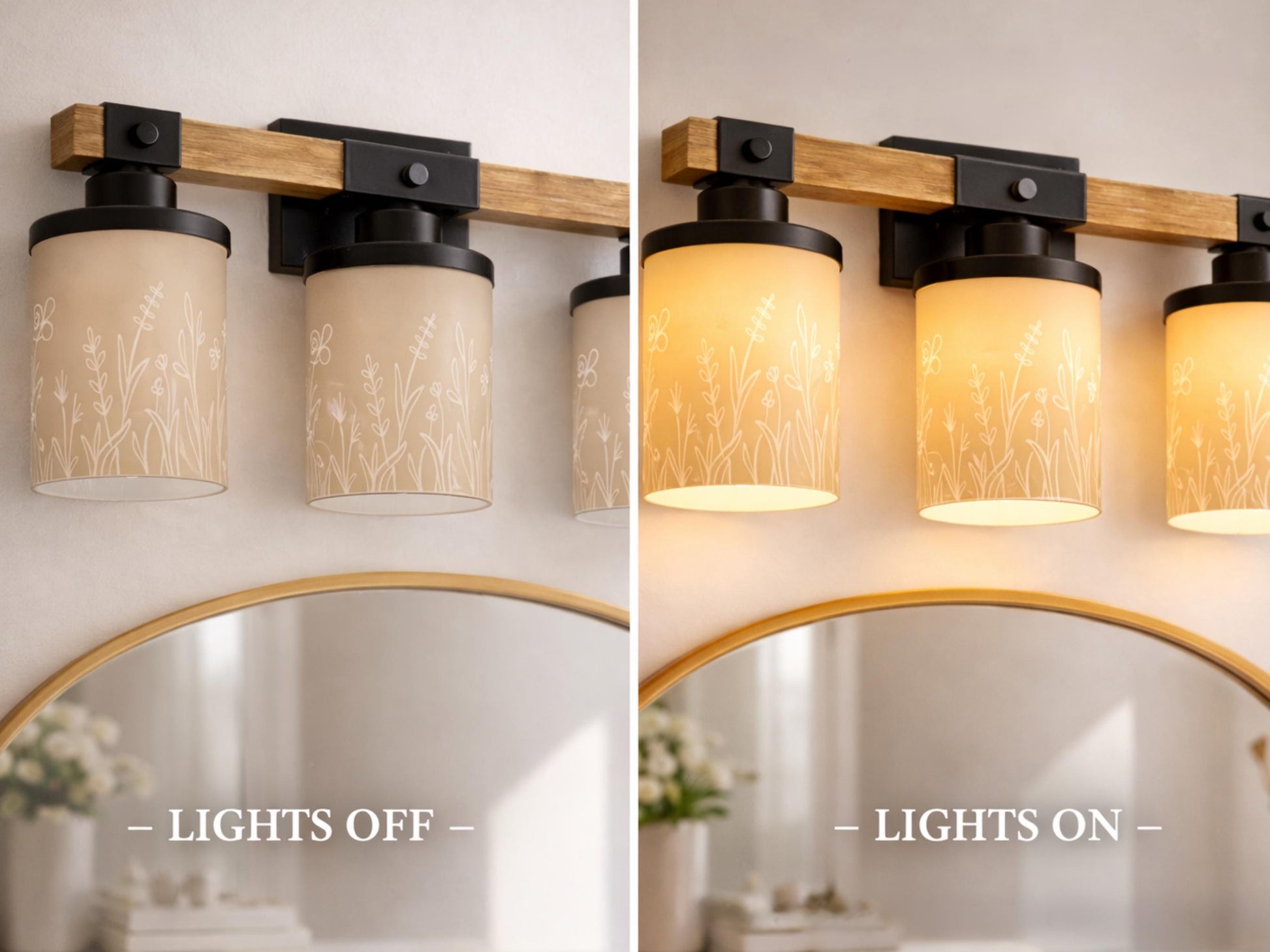 Vanity Light Fixture 3-Light Wildflower Floral Farmhouse Luxury Bathroom Lighting Flowers Metal and Glass Restroom Light Over Sink Decor